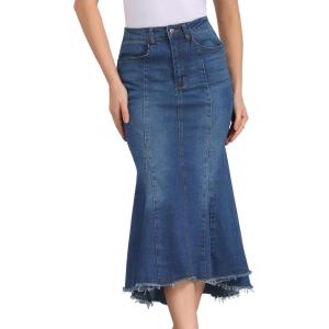 imageAllegra K Womens Washed Fishtail Denim Skirt High Waist Raw Hem Fashion Casual Midi Jean Skirts with PocketsDeep Blue