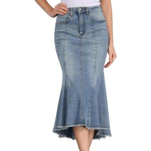 imageAllegra K Womens Washed Fishtail Denim Skirt High Waist Raw Hem Fashion Casual Midi Jean Skirts with PocketsGrey Blue