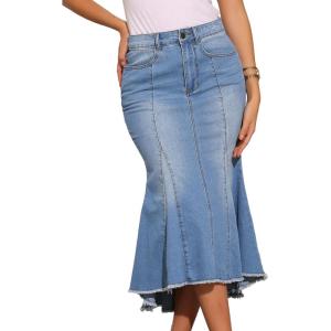 imageAllegra K Womens Washed Fishtail Denim Skirt High Waist Raw Hem Fashion Casual Midi Jean Skirts with PocketsLight Blue