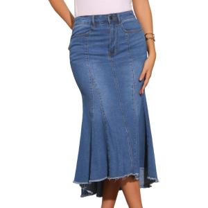 imageAllegra K Womens Washed Fishtail Denim Skirt High Waist Raw Hem Fashion Casual Midi Jean Skirts with PocketsMedium Blue