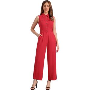 imageAllegra K Womens Wide Leg Jumpsuit 2024 Sleeveless Collared Tie Waist Coverall Button Down Cargo JumpsuitsRed