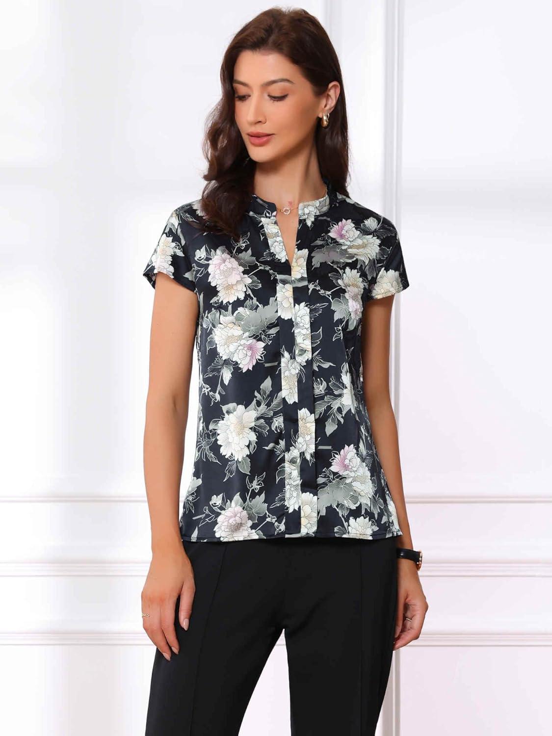 imageAllegra K Satin Work Blouses for Womens Floral Vintage Cap Sleeve Business Casual BlouseDark Blue