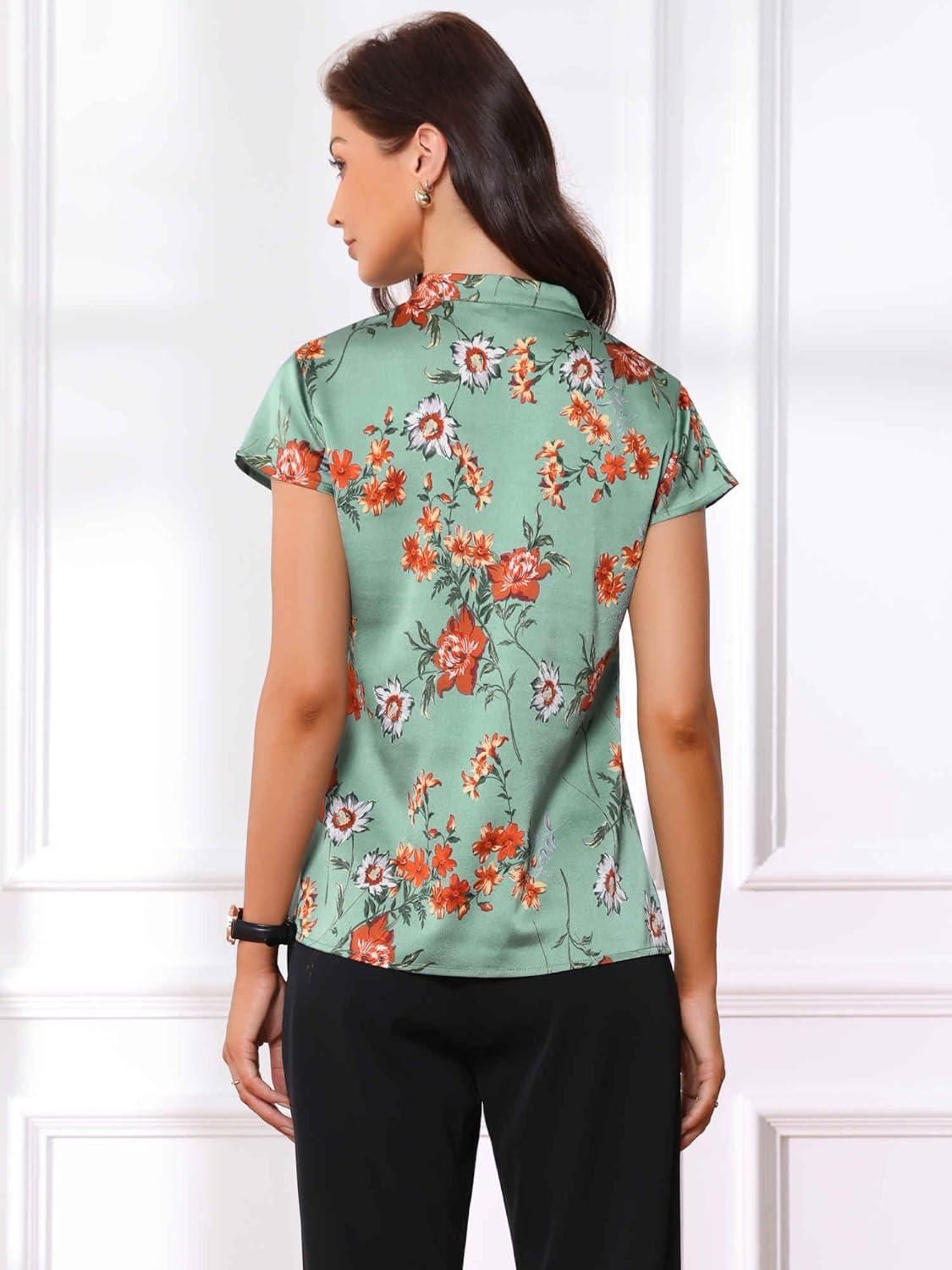 imageAllegra K Satin Work Blouses for Womens Floral Vintage Cap Sleeve Business Casual BlouseGray Green
