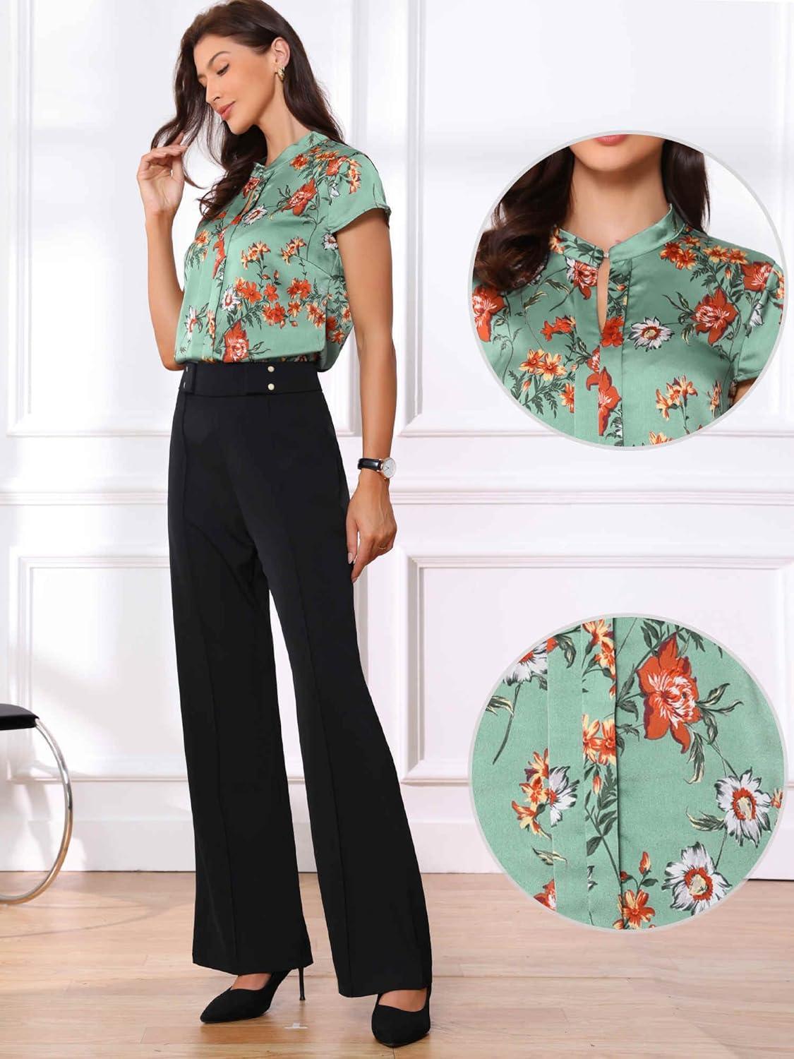 imageAllegra K Satin Work Blouses for Womens Floral Vintage Cap Sleeve Business Casual BlouseGray Green