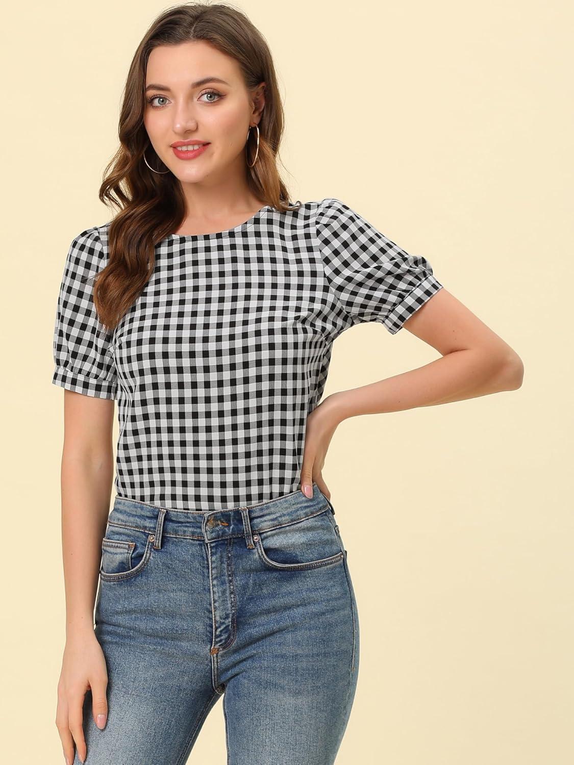 imageAllegra K Vintage Gingham Top for Womens Puff Short Sleeve Crew Neck Casual Check ShirtBlack