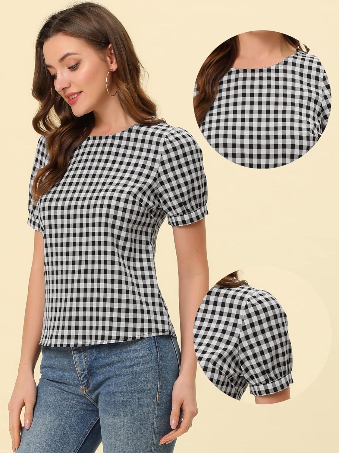 imageAllegra K Vintage Gingham Top for Womens Puff Short Sleeve Crew Neck Casual Check ShirtBlack