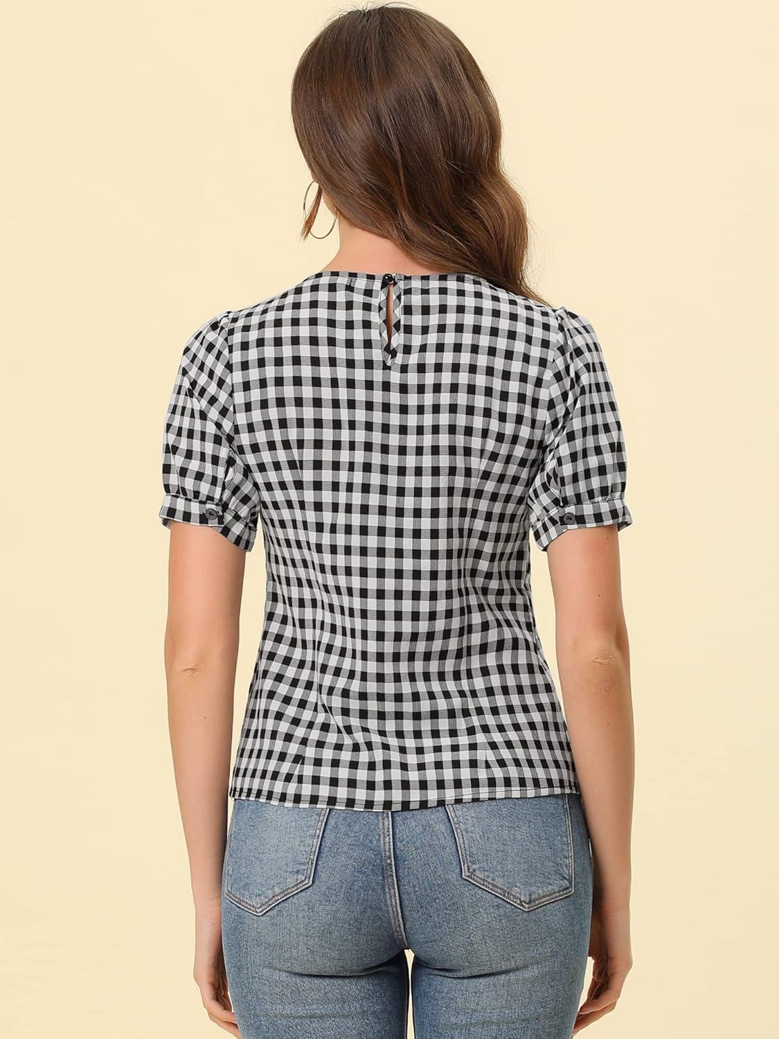 imageAllegra K Vintage Gingham Top for Womens Puff Short Sleeve Crew Neck Casual Check ShirtBlack