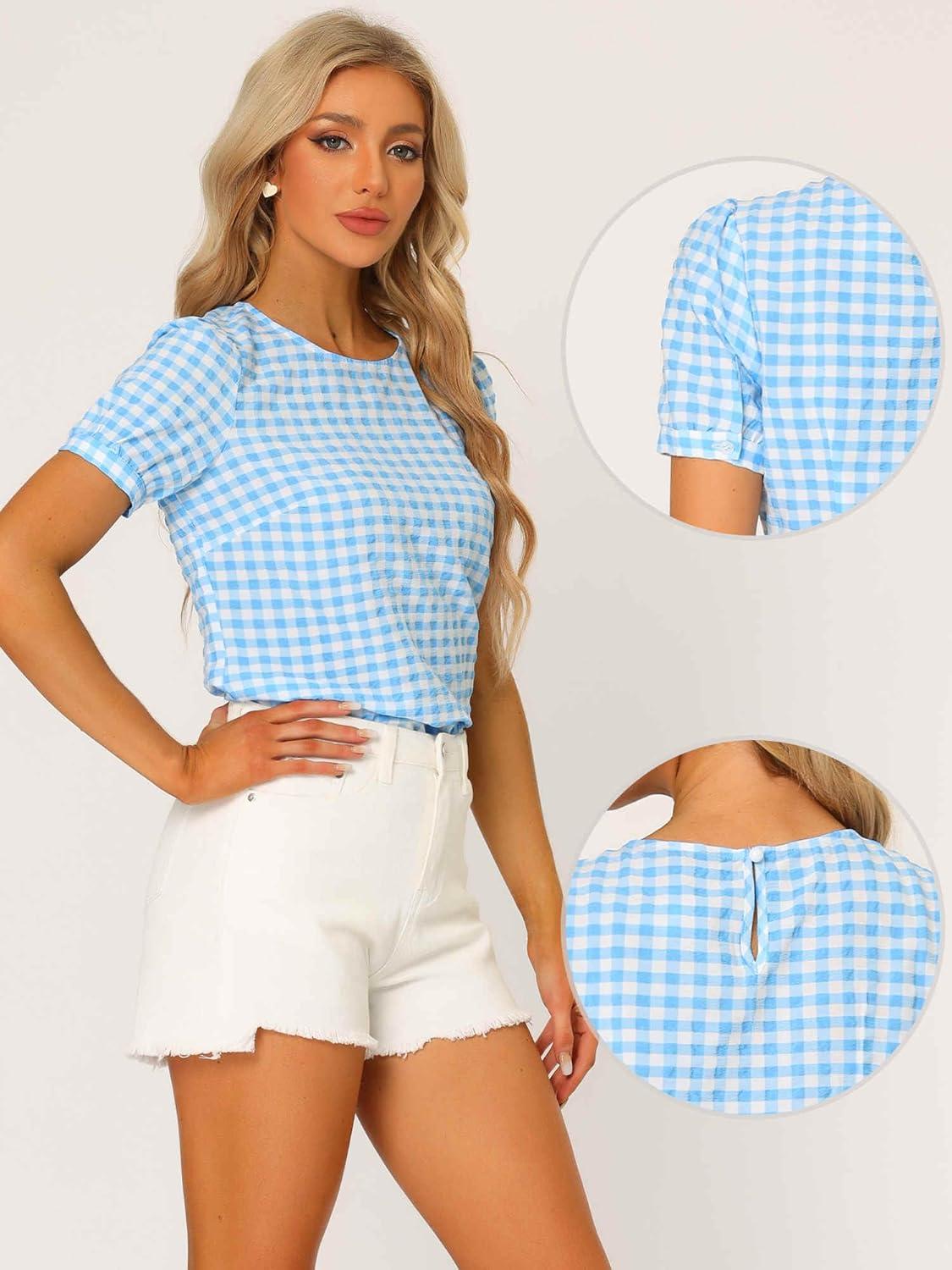 imageAllegra K Vintage Gingham Top for Womens Puff Short Sleeve Crew Neck Casual Check ShirtLight Blue