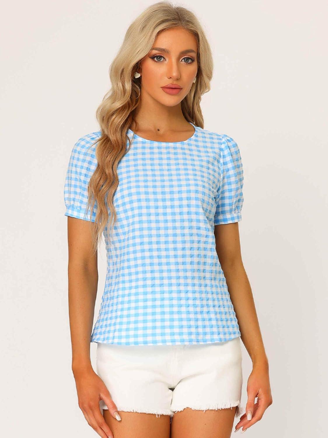 imageAllegra K Vintage Gingham Top for Womens Puff Short Sleeve Crew Neck Casual Check ShirtLight Blue