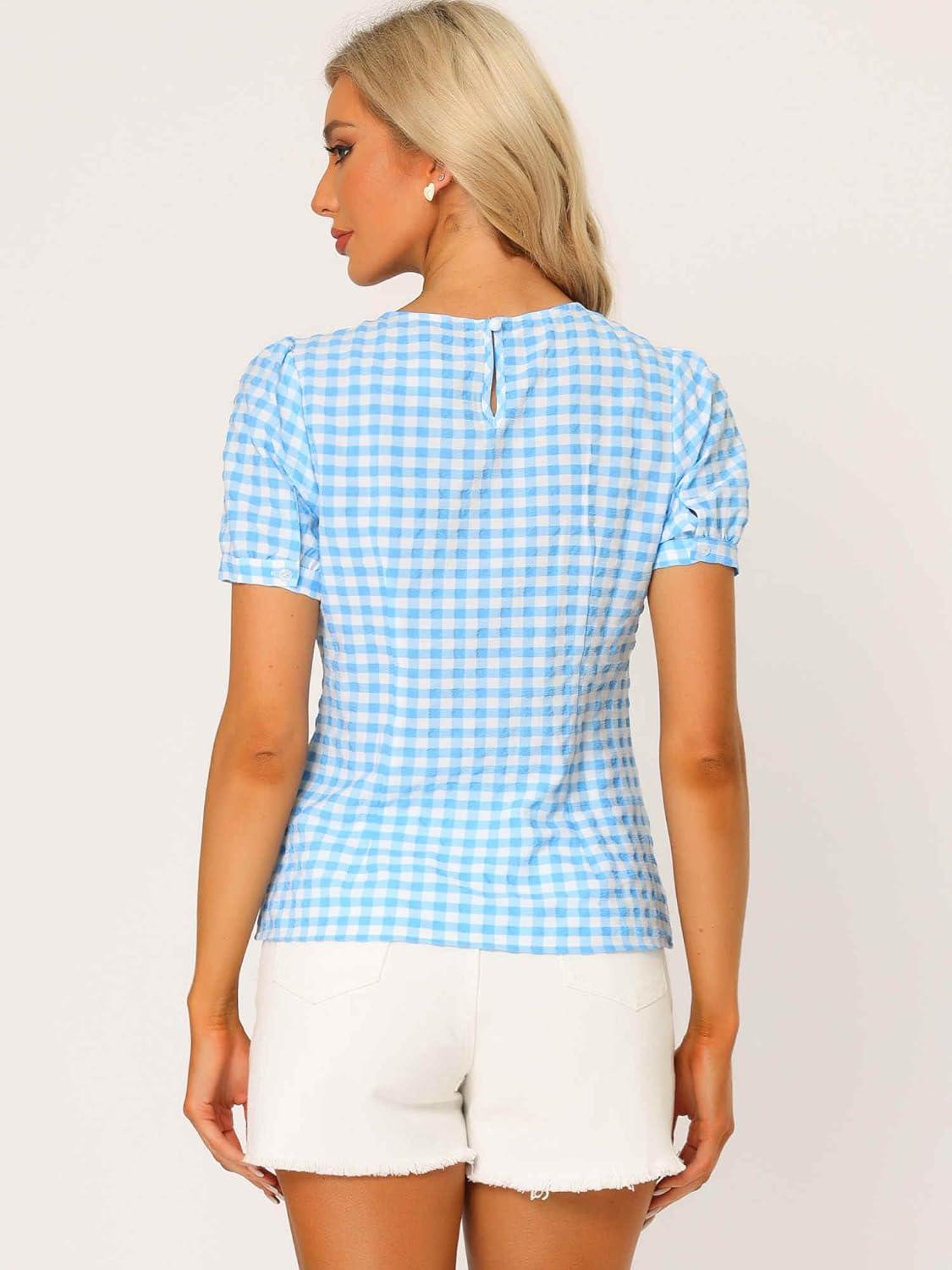 imageAllegra K Vintage Gingham Top for Womens Puff Short Sleeve Crew Neck Casual Check ShirtLight Blue