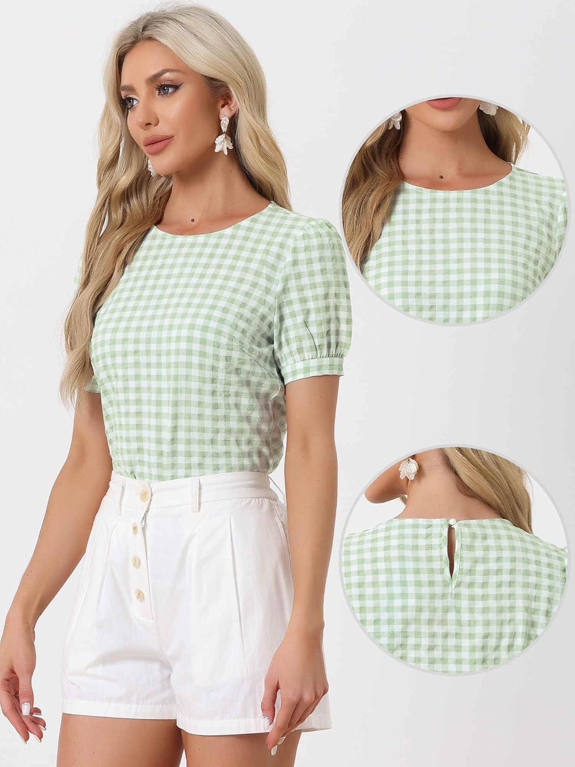 imageAllegra K Vintage Gingham Top for Womens Puff Short Sleeve Crew Neck Casual Check ShirtLight Green