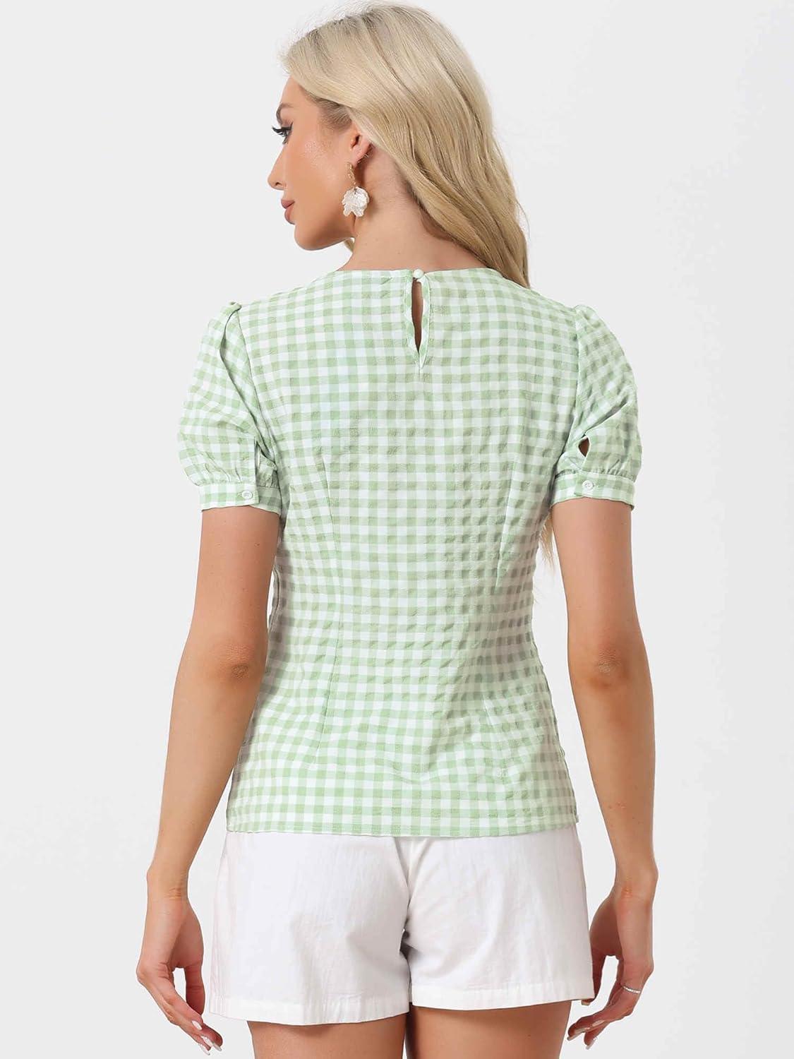 imageAllegra K Vintage Gingham Top for Womens Puff Short Sleeve Crew Neck Casual Check ShirtLight Green