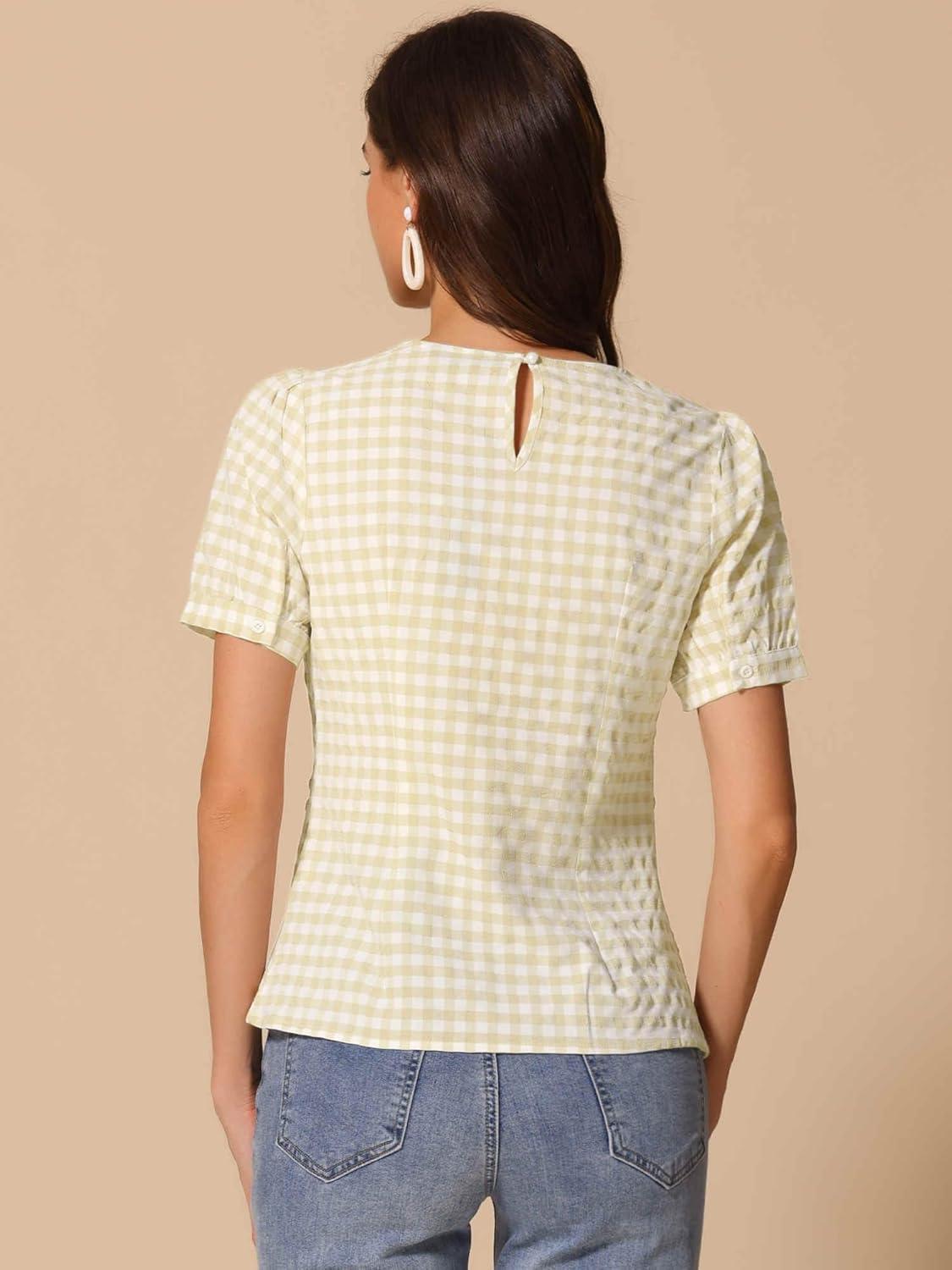 imageAllegra K Vintage Gingham Top for Womens Puff Short Sleeve Crew Neck Casual Check ShirtPale Yellow