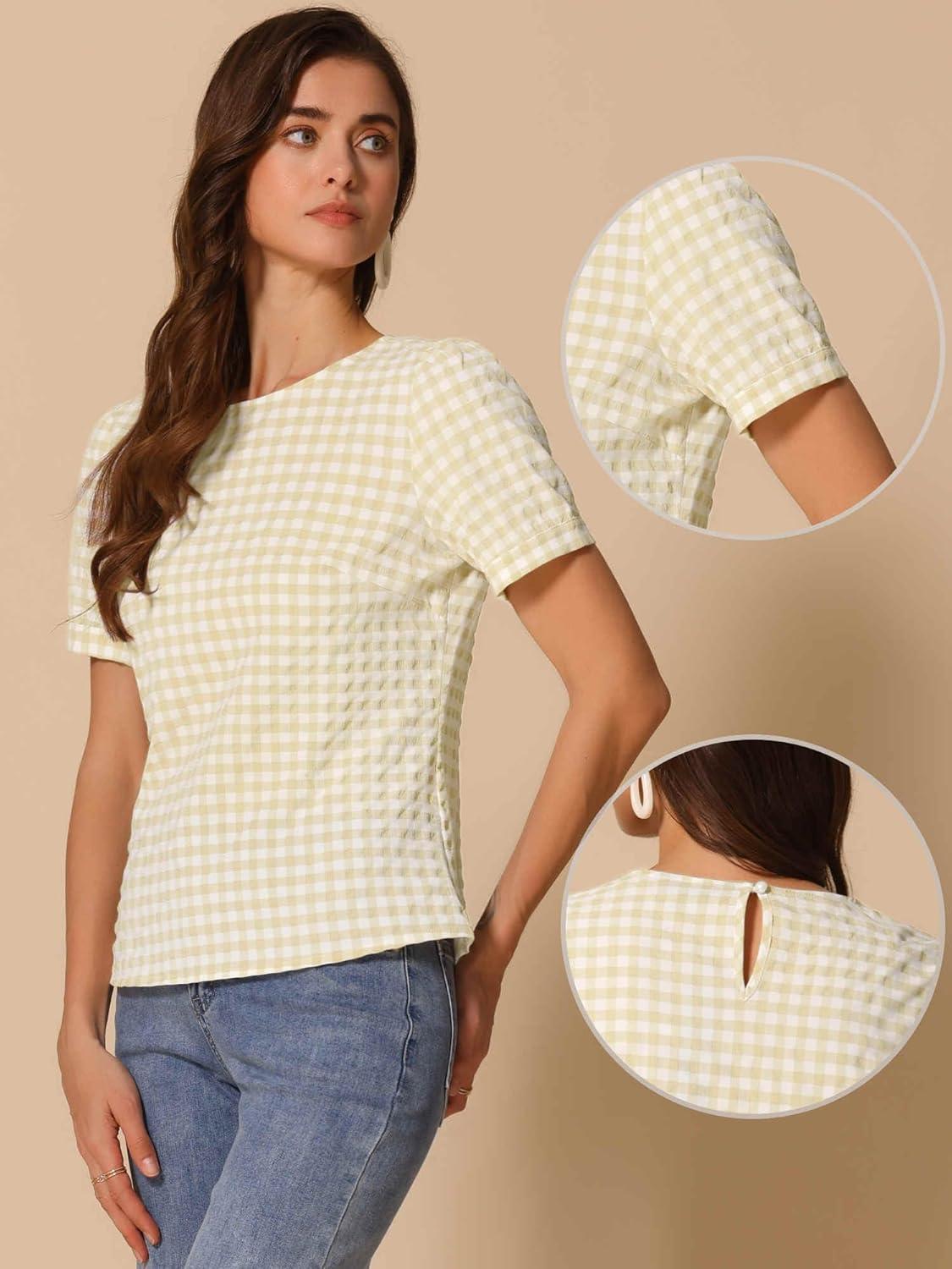 imageAllegra K Vintage Gingham Top for Womens Puff Short Sleeve Crew Neck Casual Check ShirtPale Yellow