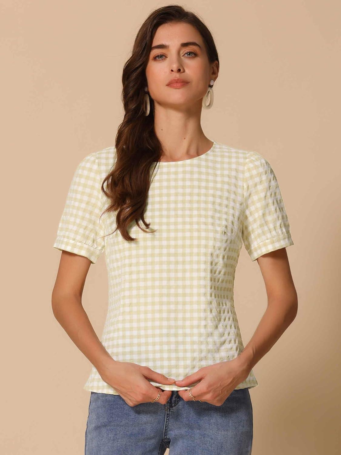 imageAllegra K Vintage Gingham Top for Womens Puff Short Sleeve Crew Neck Casual Check ShirtPale Yellow