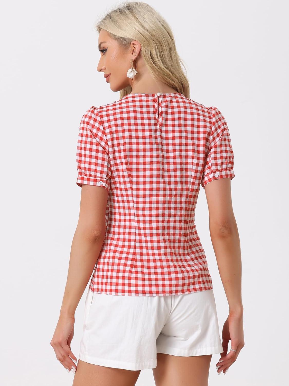 imageAllegra K Vintage Gingham Top for Womens Puff Short Sleeve Crew Neck Casual Check ShirtRed