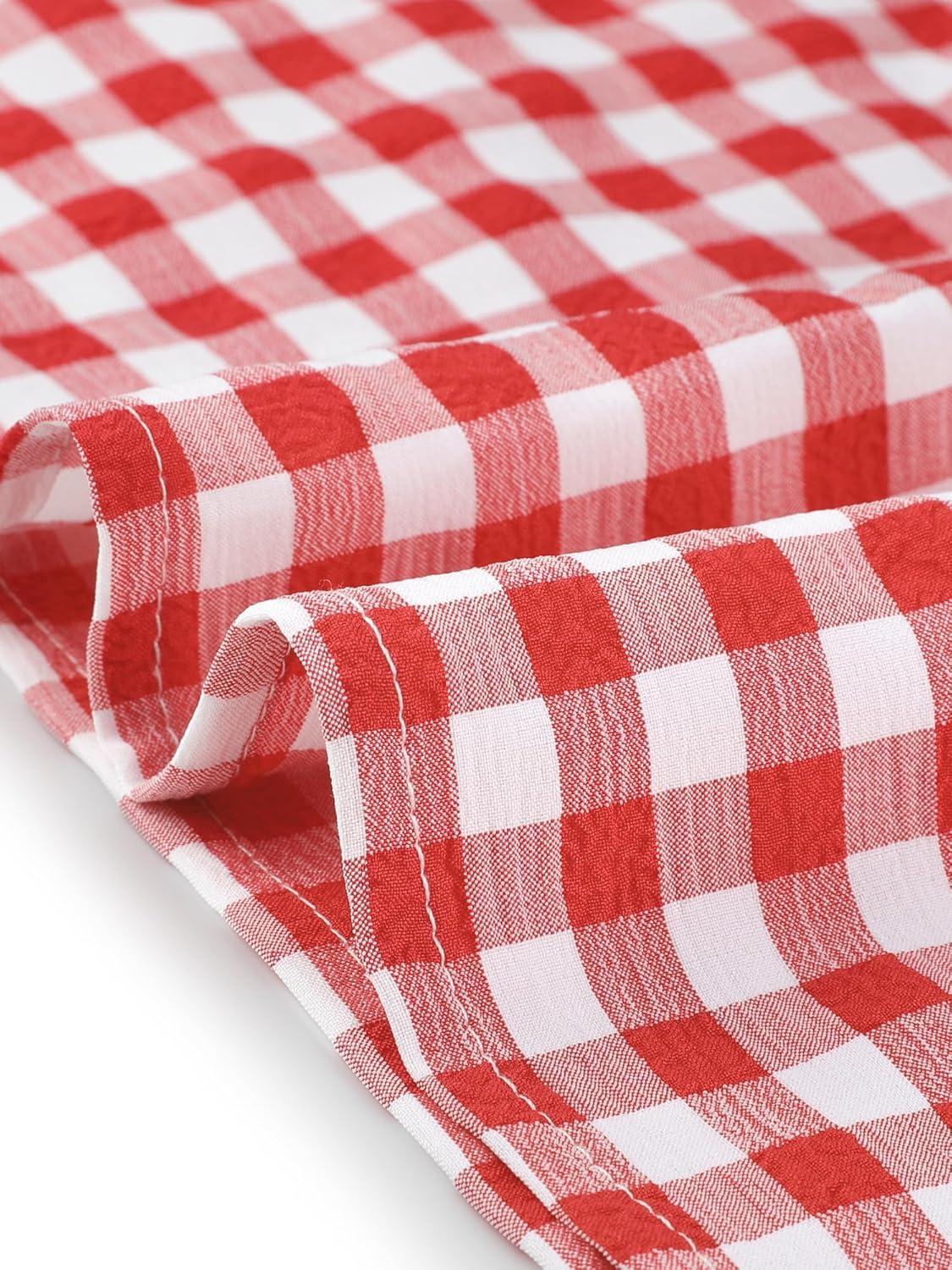 imageAllegra K Vintage Gingham Top for Womens Puff Short Sleeve Crew Neck Casual Check ShirtRed
