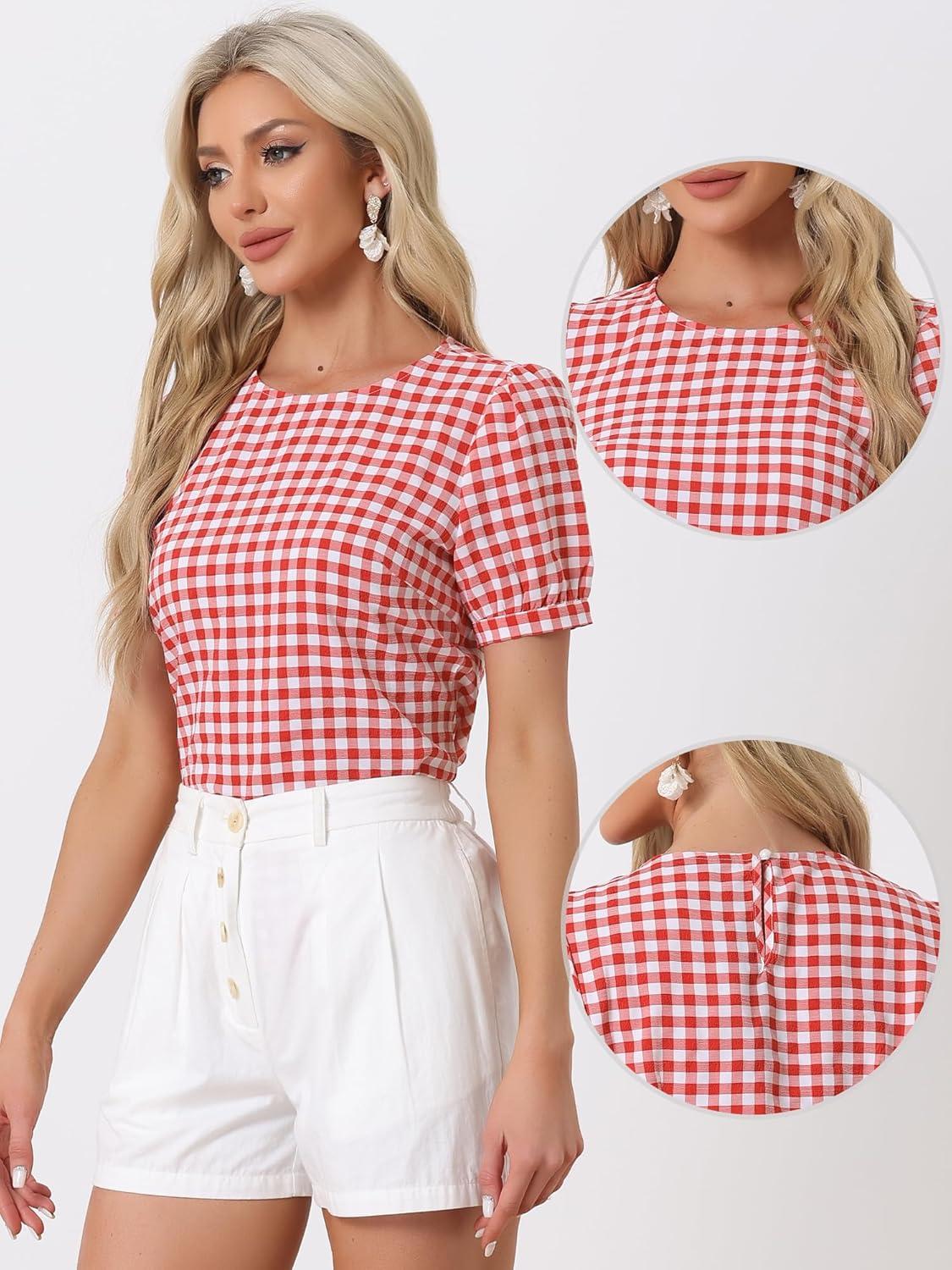 imageAllegra K Vintage Gingham Top for Womens Puff Short Sleeve Crew Neck Casual Check ShirtRed