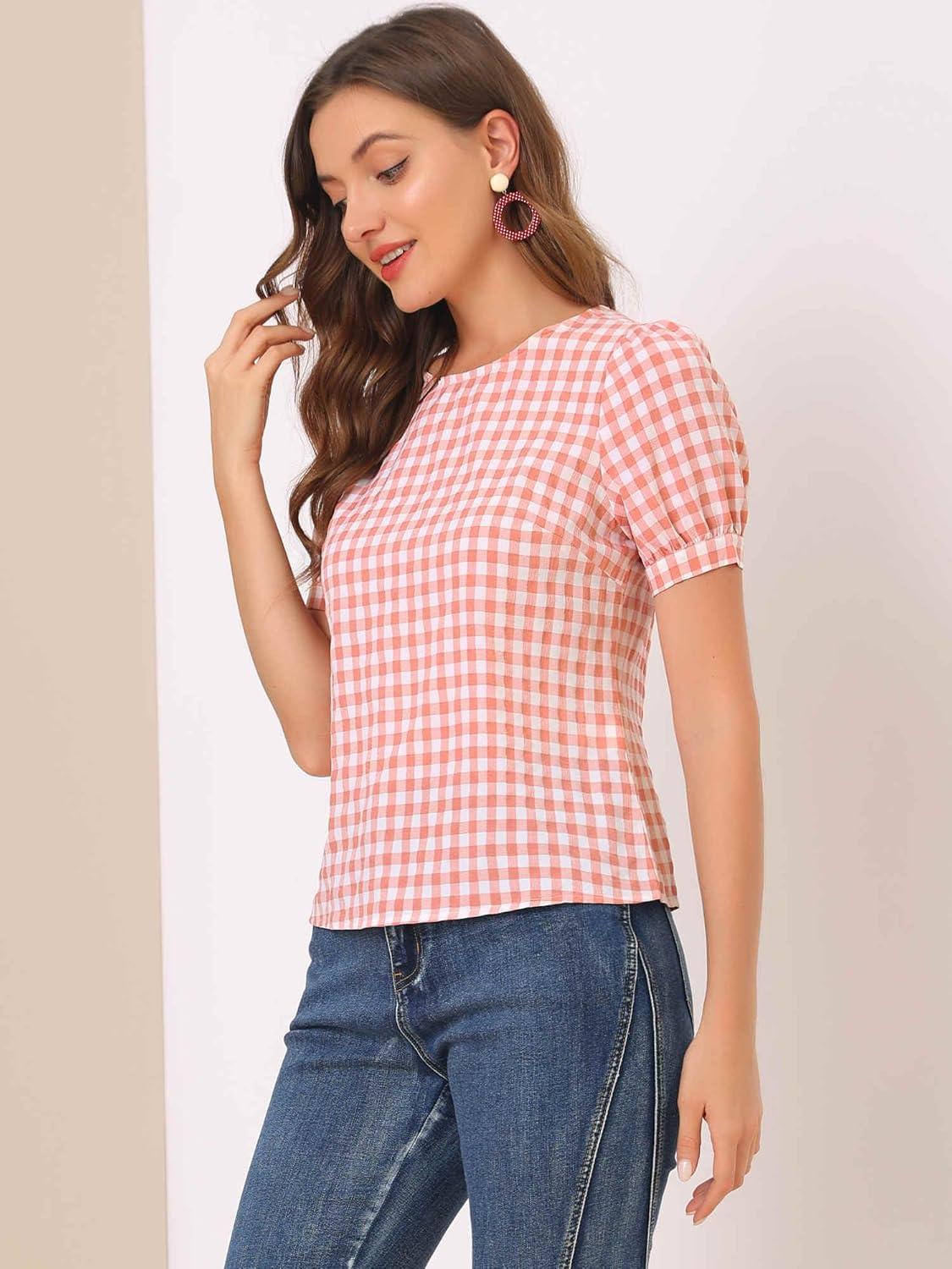 imageAllegra K Vintage Gingham Top for Womens Puff Short Sleeve Crew Neck Casual Check ShirtWatermelon Pink