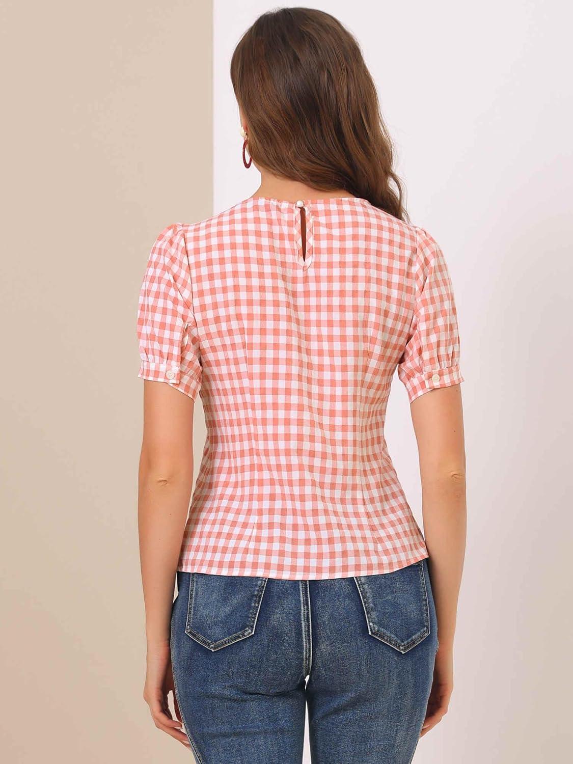 imageAllegra K Vintage Gingham Top for Womens Puff Short Sleeve Crew Neck Casual Check ShirtWatermelon Pink