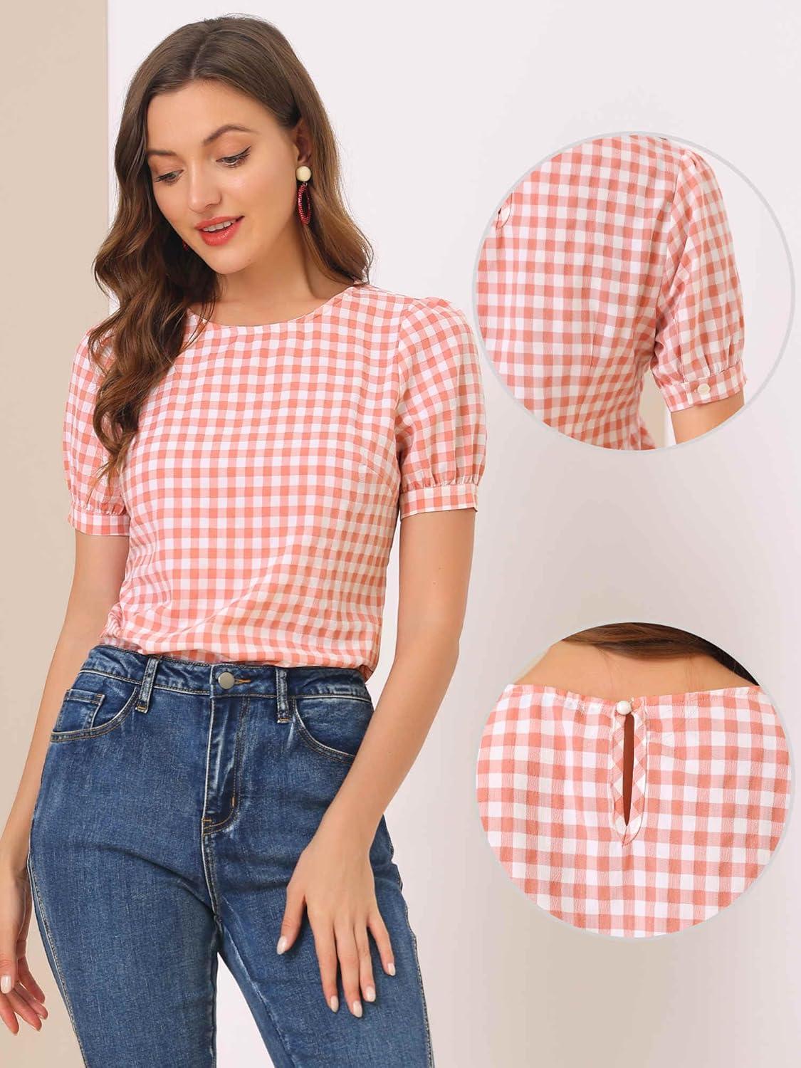 imageAllegra K Vintage Gingham Top for Womens Puff Short Sleeve Crew Neck Casual Check ShirtWatermelon Pink