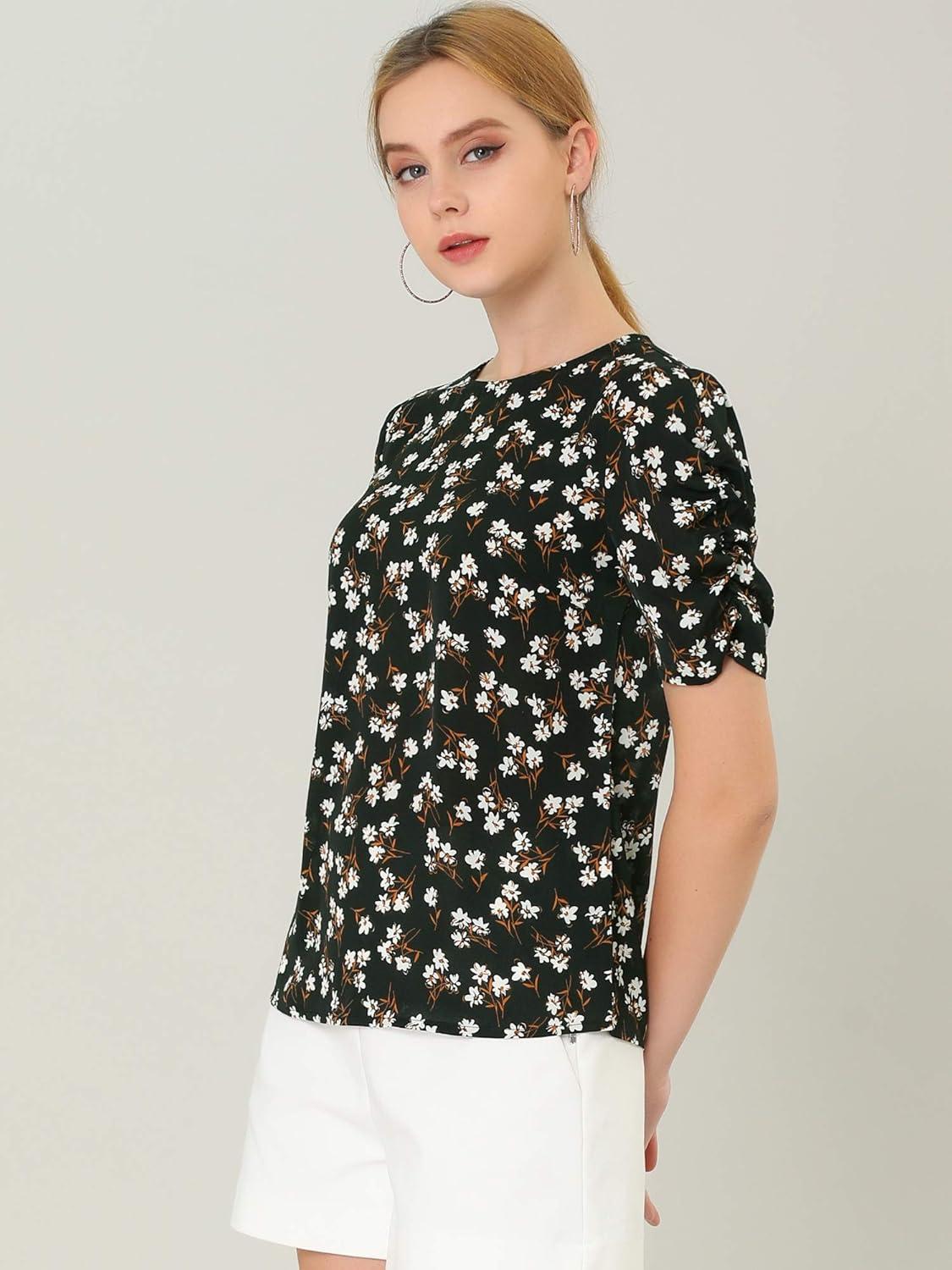imageAllegra K Womens Floral Blouse Crew Neck Valentines Day Casual Shirred Short Sleeve TopBlack