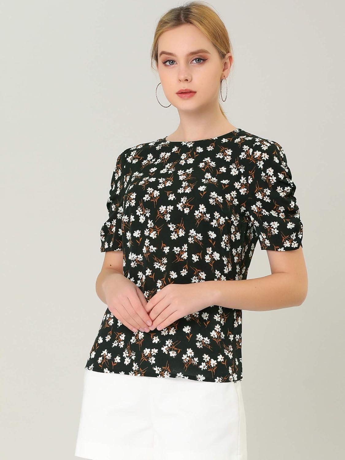 imageAllegra K Womens Floral Blouse Crew Neck Valentines Day Casual Shirred Short Sleeve TopBlack