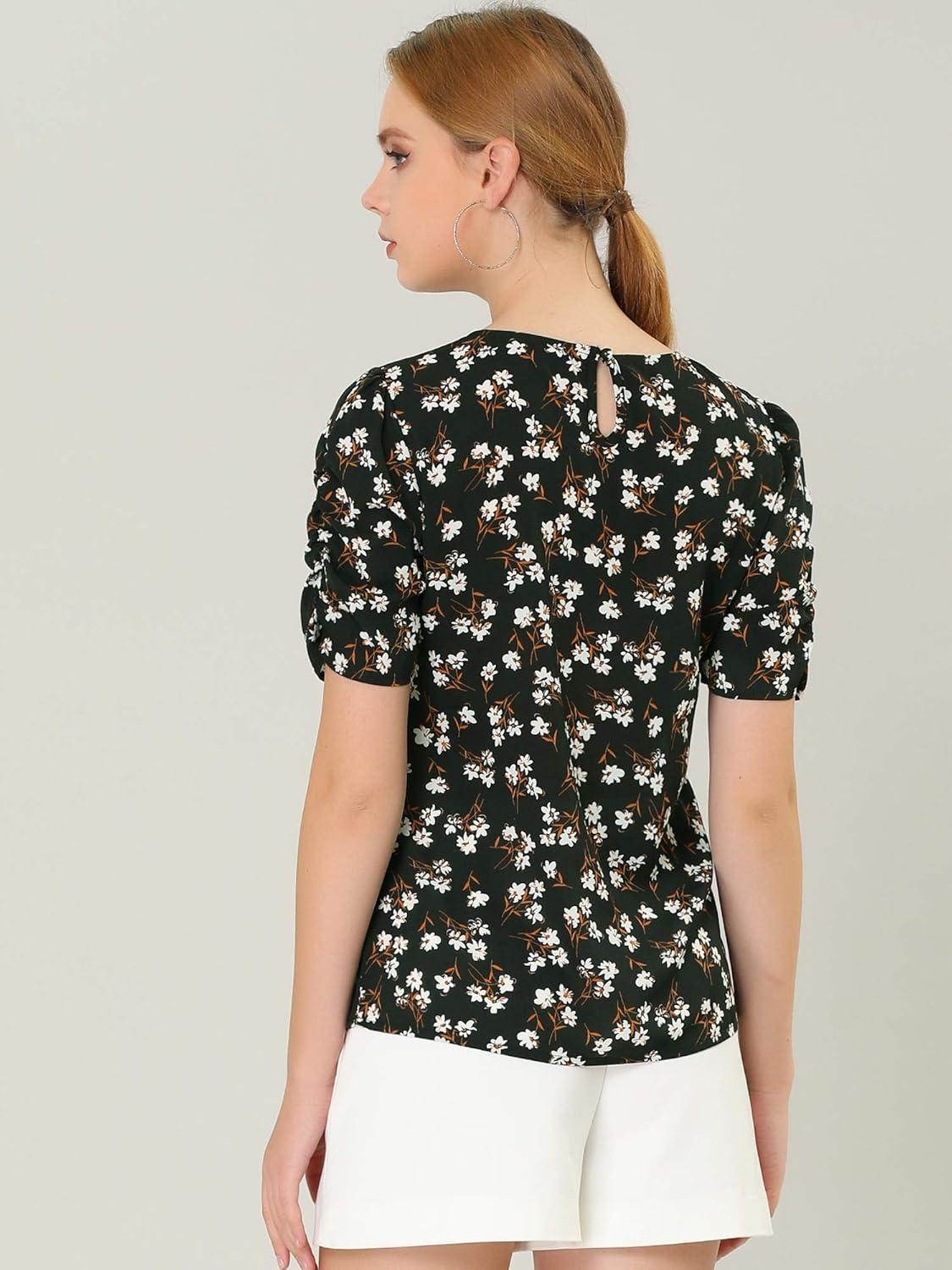 imageAllegra K Womens Floral Blouse Crew Neck Valentines Day Casual Shirred Short Sleeve TopBlack