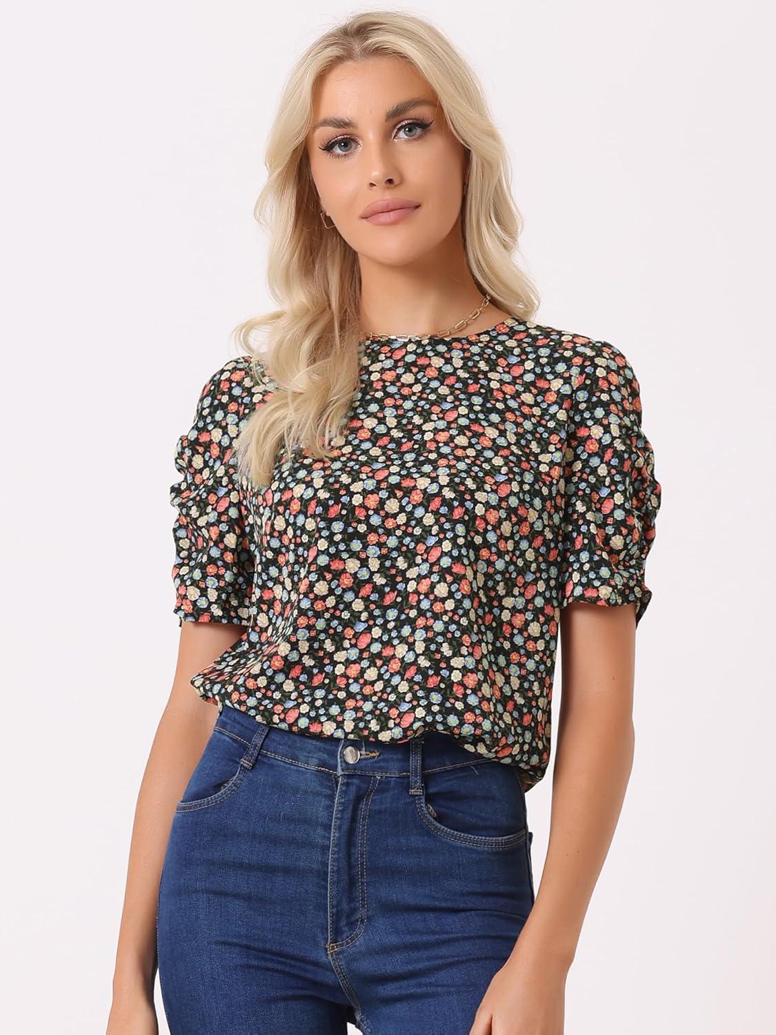 imageAllegra K Womens Floral Blouse Crew Neck Valentines Day Casual Shirred Short Sleeve TopBlack Red