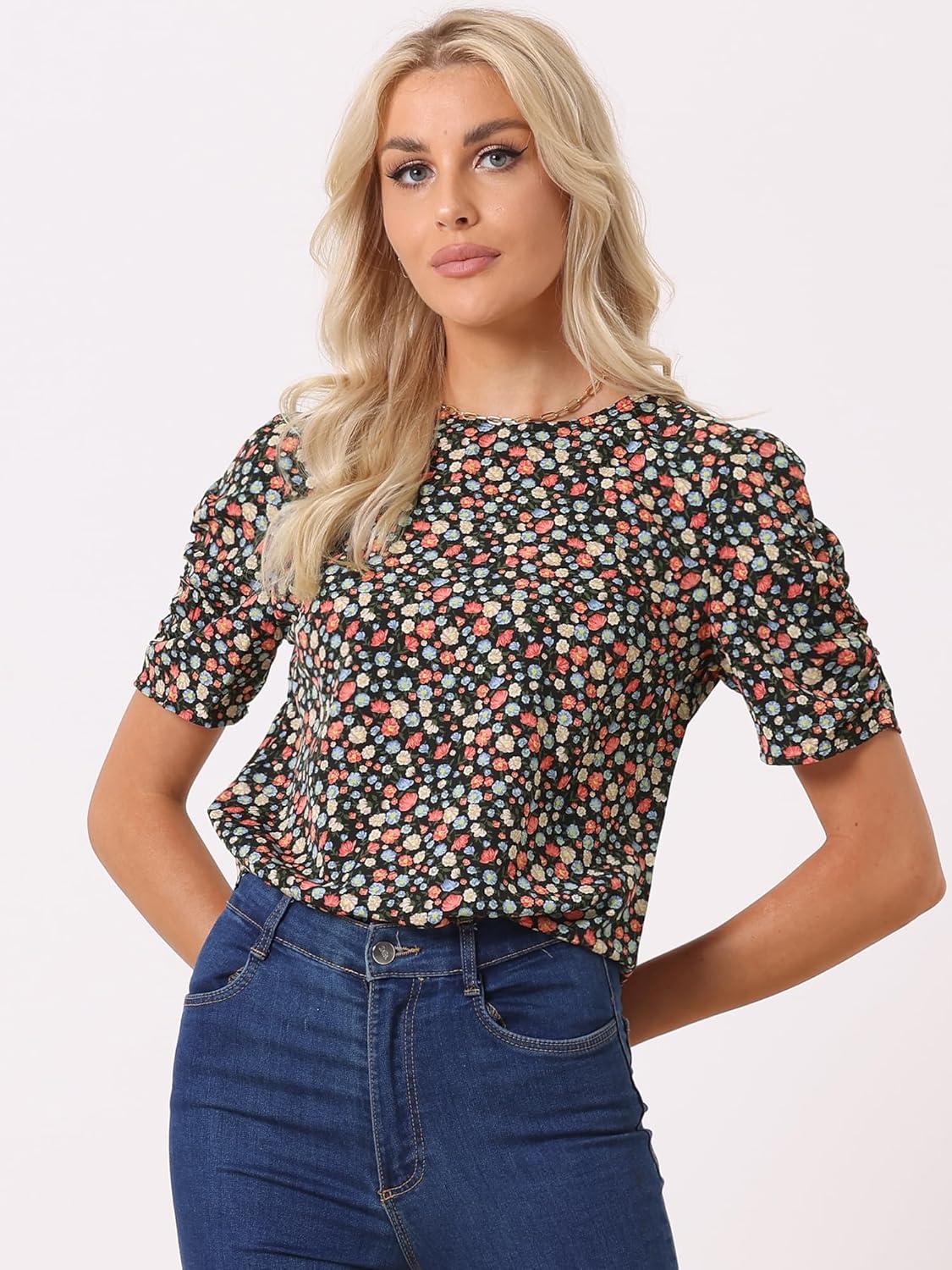imageAllegra K Womens Floral Blouse Crew Neck Valentines Day Casual Shirred Short Sleeve TopBlack Red