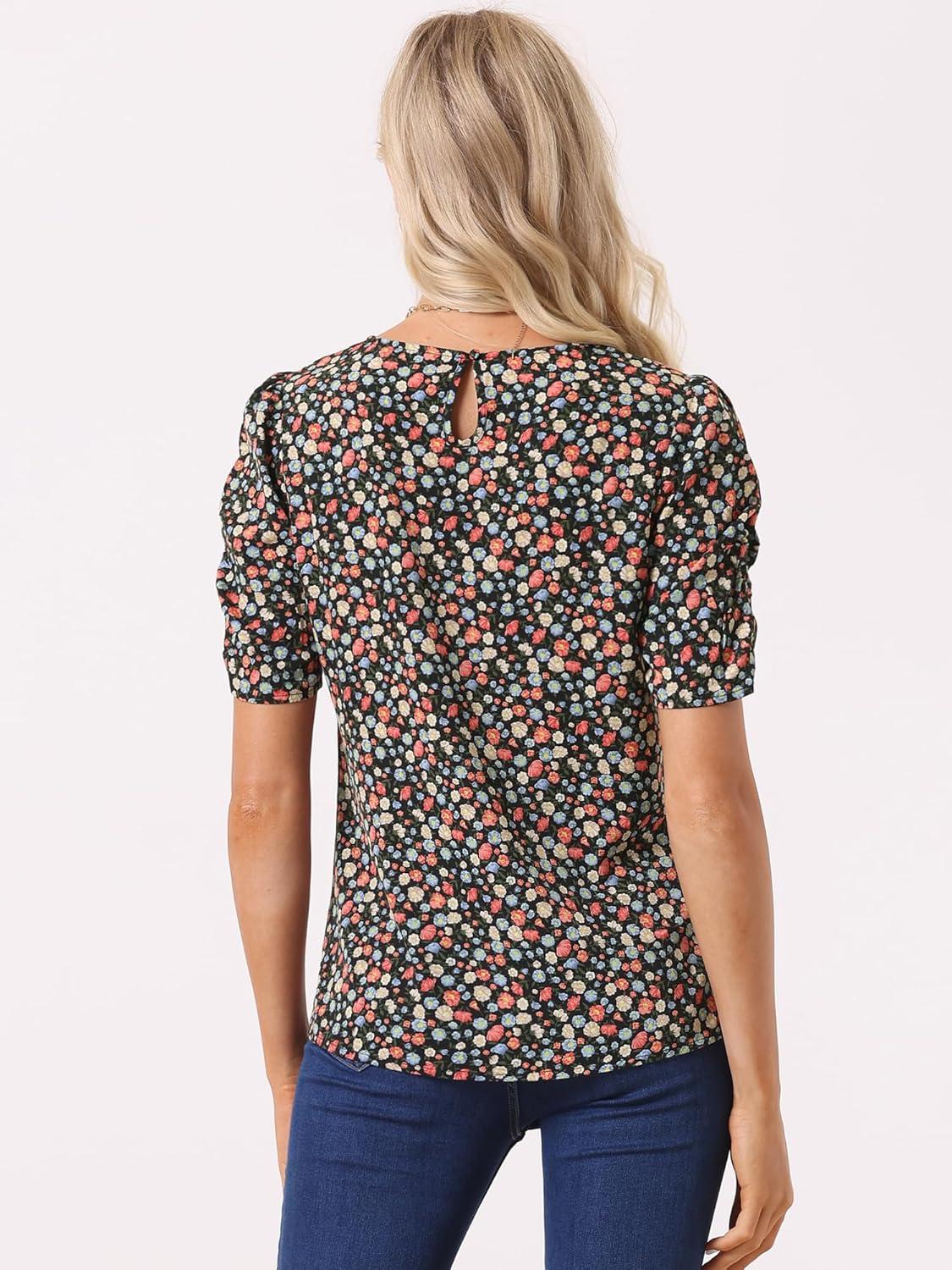 imageAllegra K Womens Floral Blouse Crew Neck Valentines Day Casual Shirred Short Sleeve TopBlack Red
