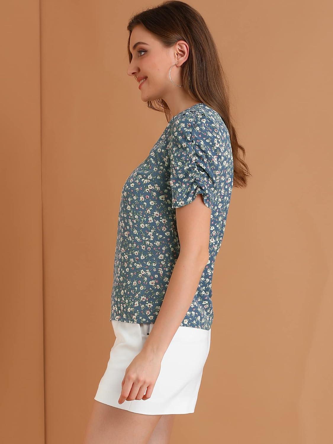 imageAllegra K Womens Floral Blouse Crew Neck Valentines Day Casual Shirred Short Sleeve TopBlue