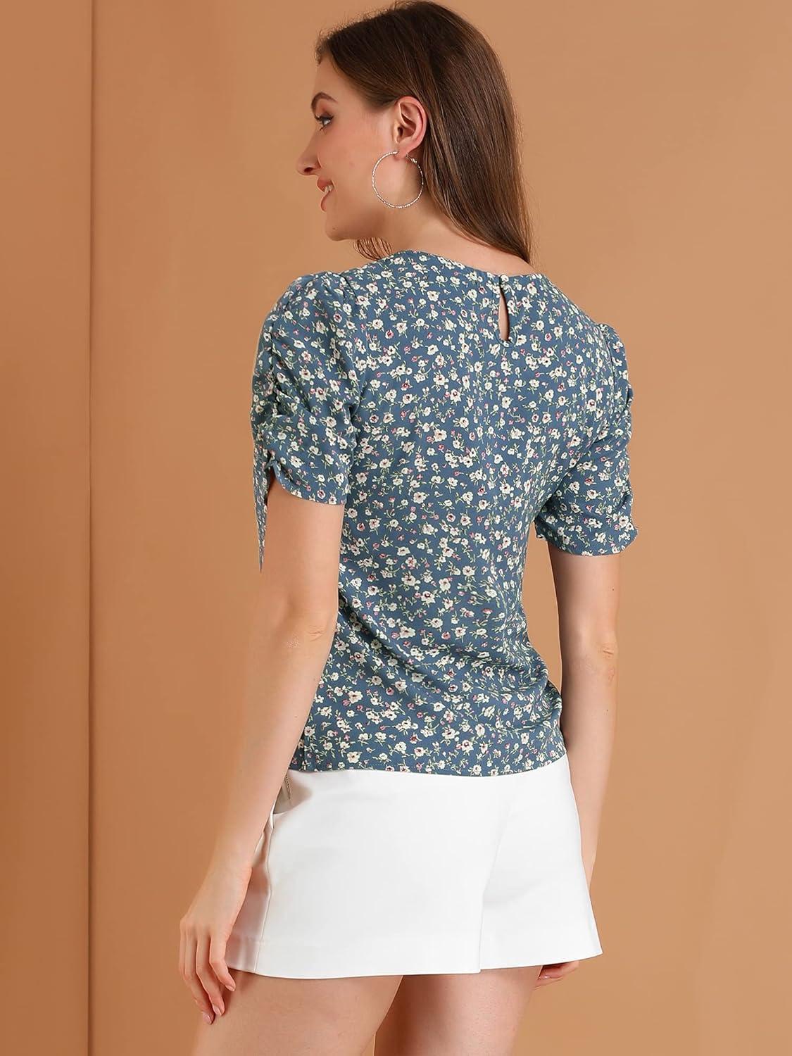 imageAllegra K Womens Floral Blouse Crew Neck Valentines Day Casual Shirred Short Sleeve TopBlue