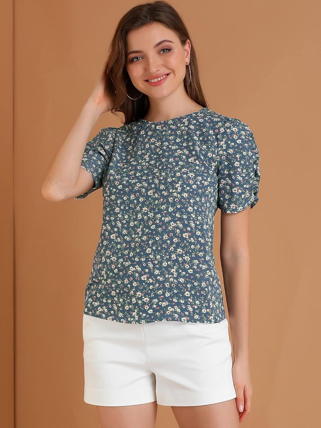 imageAllegra K Womens Floral Blouse Crew Neck Valentines Day Casual Shirred Short Sleeve TopBlue