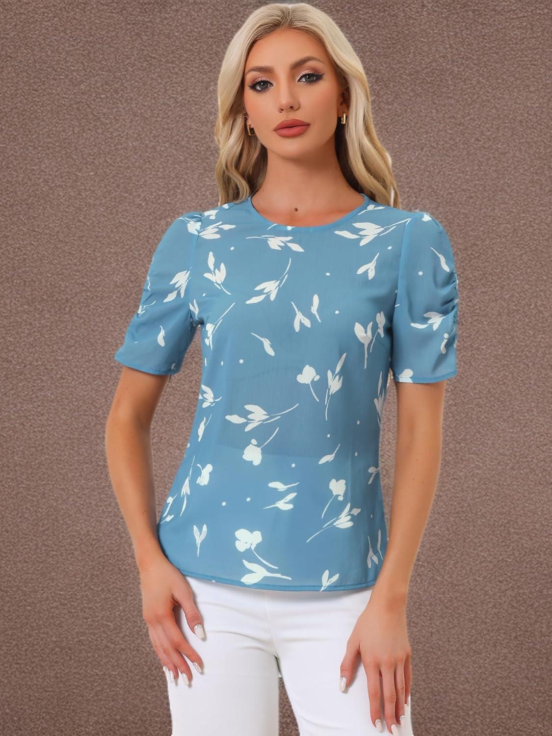 imageAllegra K Womens Floral Blouse Crew Neck Valentines Day Casual Shirred Short Sleeve TopBlue Floral
