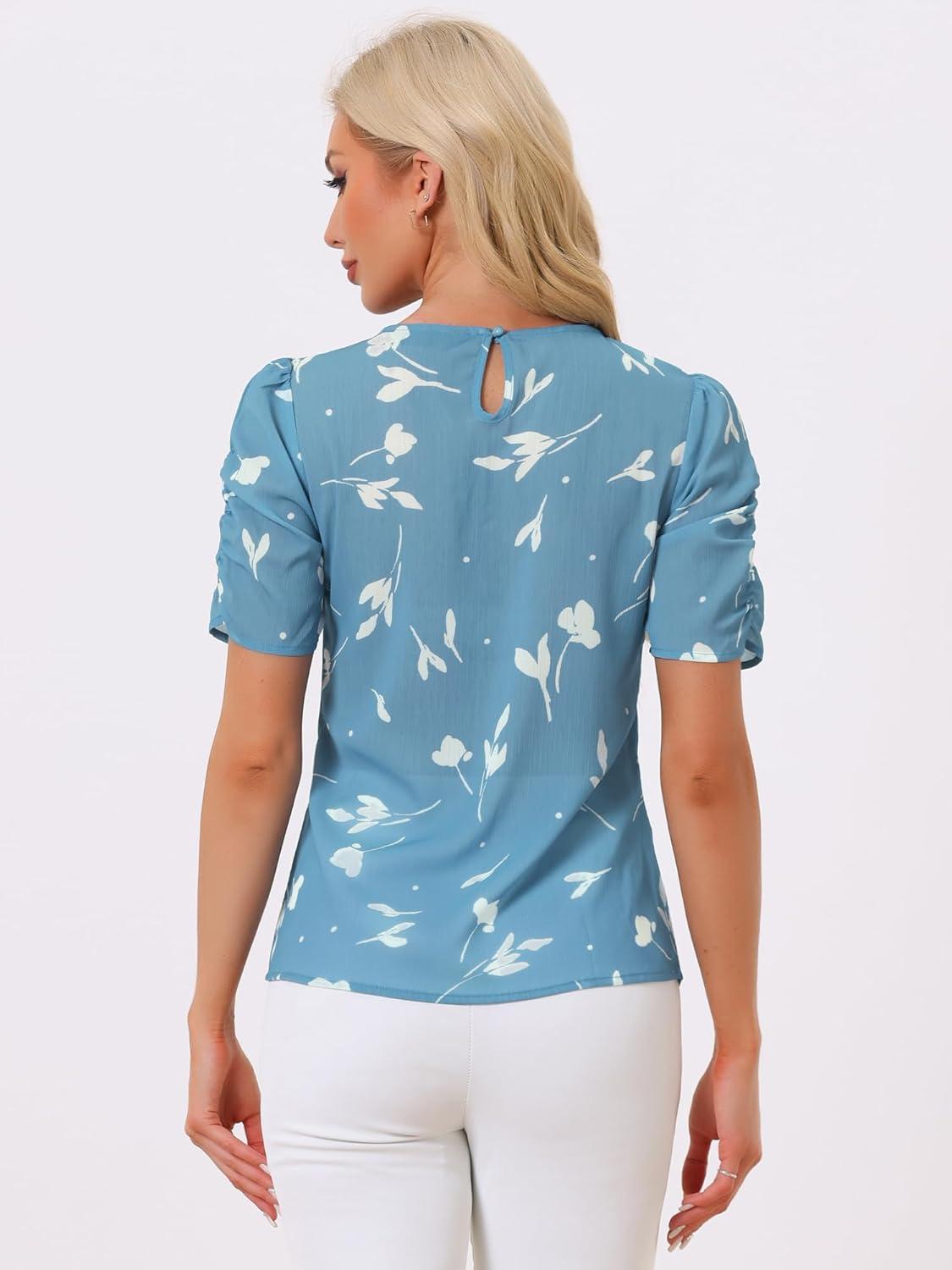 imageAllegra K Womens Floral Blouse Crew Neck Valentines Day Casual Shirred Short Sleeve TopBlue Floral