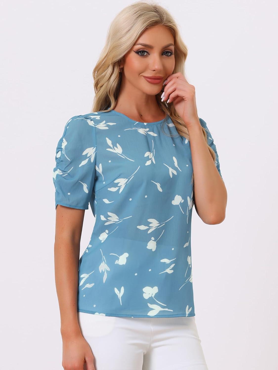 imageAllegra K Womens Floral Blouse Crew Neck Valentines Day Casual Shirred Short Sleeve TopBlue Floral