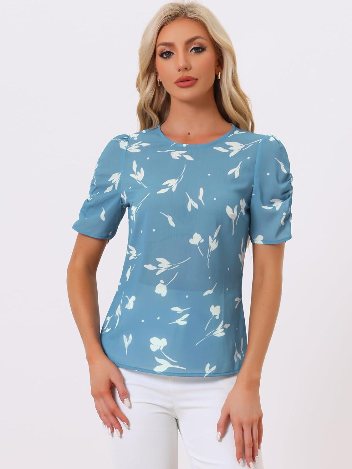 imageAllegra K Womens Floral Blouse Crew Neck Valentines Day Casual Shirred Short Sleeve TopBlue Floral