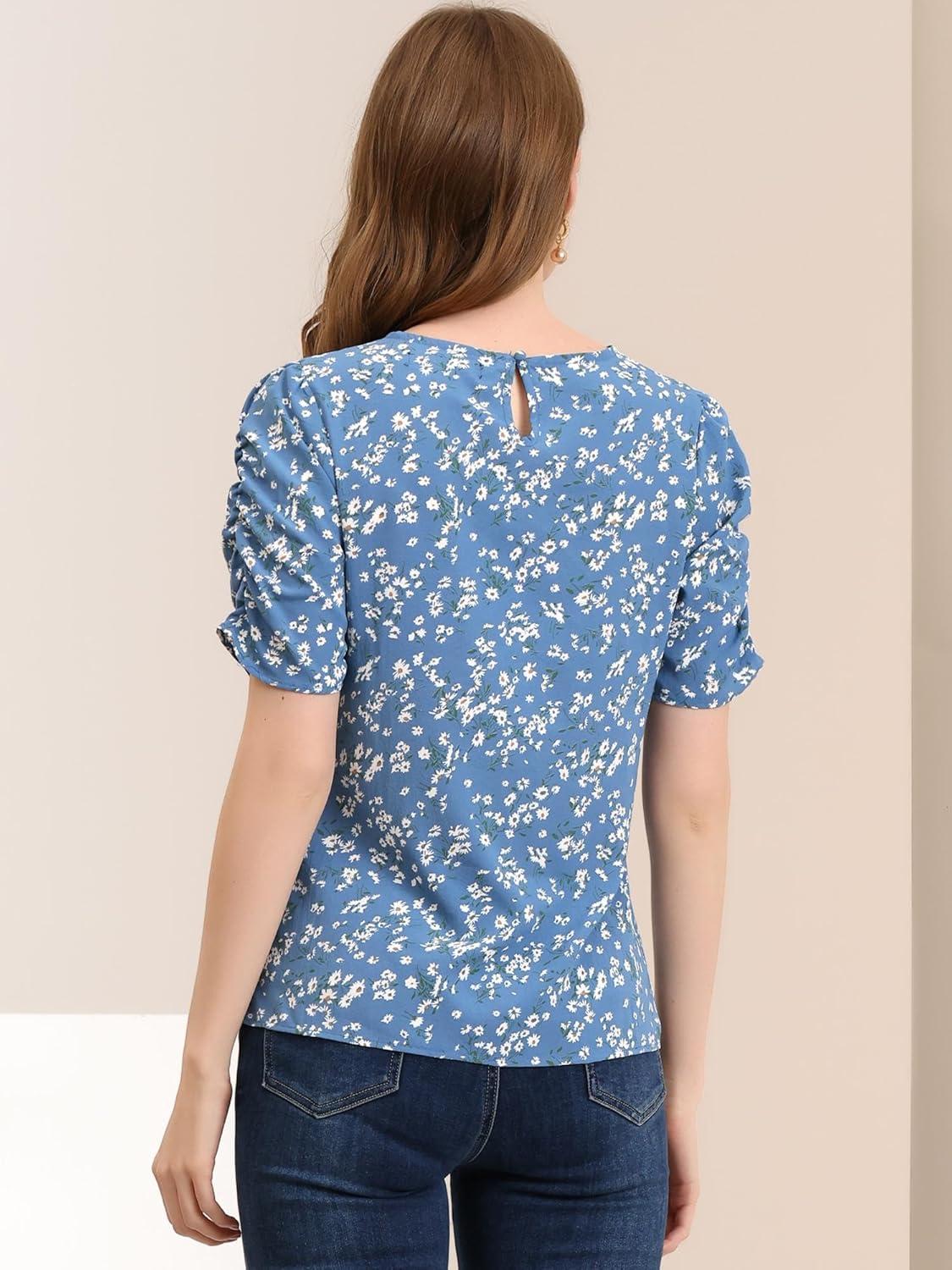 imageAllegra K Womens Floral Blouse Crew Neck Valentines Day Casual Shirred Short Sleeve TopBlue White
