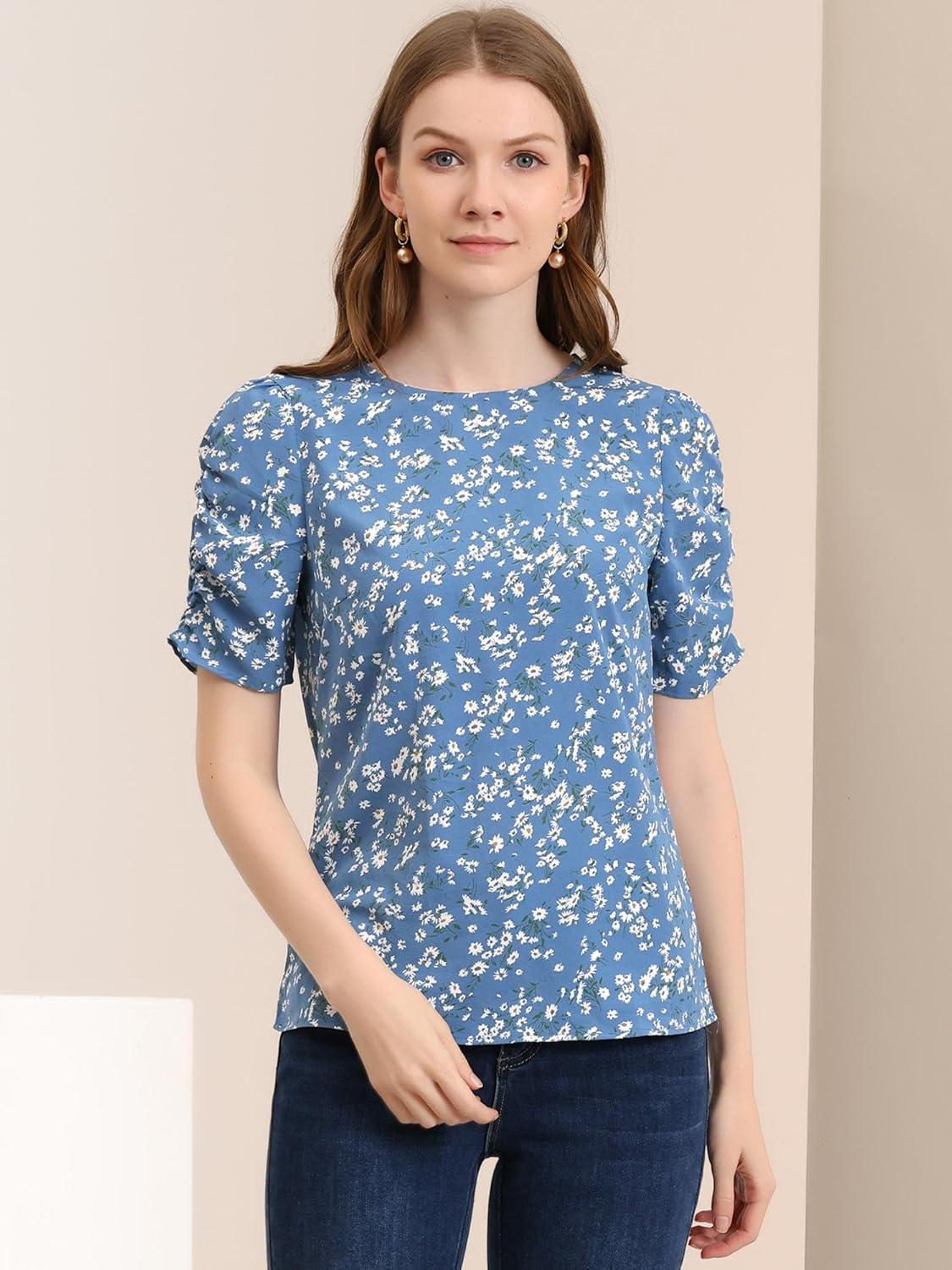imageAllegra K Womens Floral Blouse Crew Neck Valentines Day Casual Shirred Short Sleeve TopBlue White