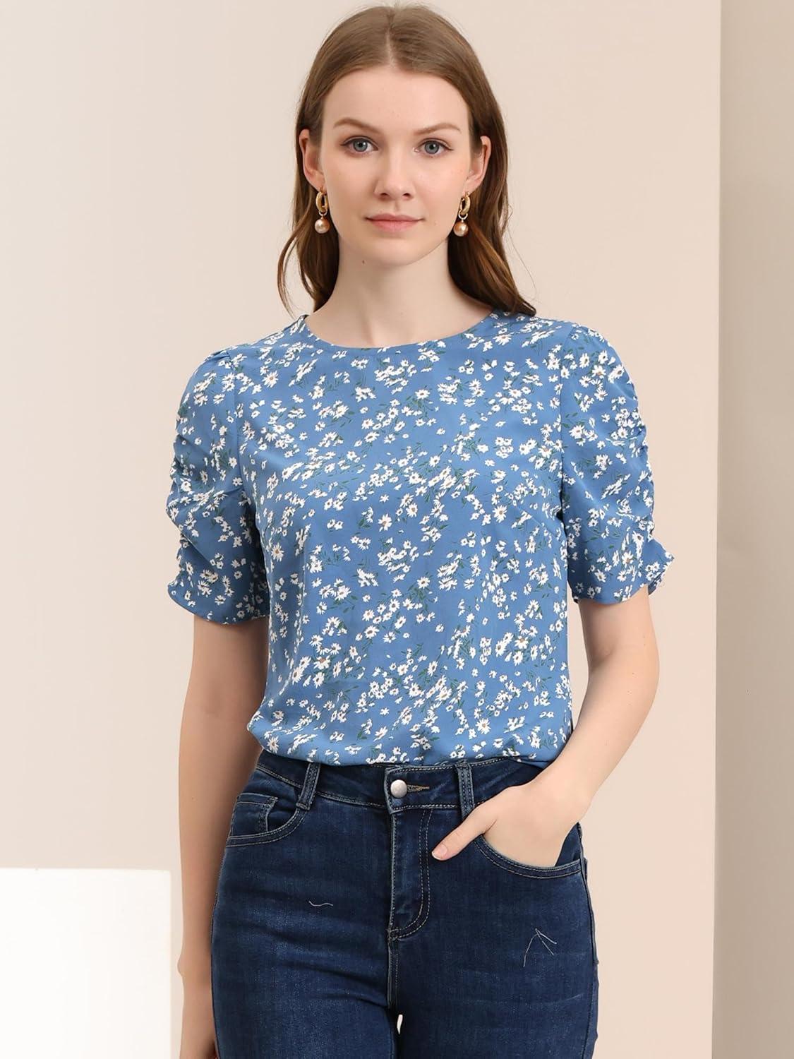 imageAllegra K Womens Floral Blouse Crew Neck Valentines Day Casual Shirred Short Sleeve TopBlue White