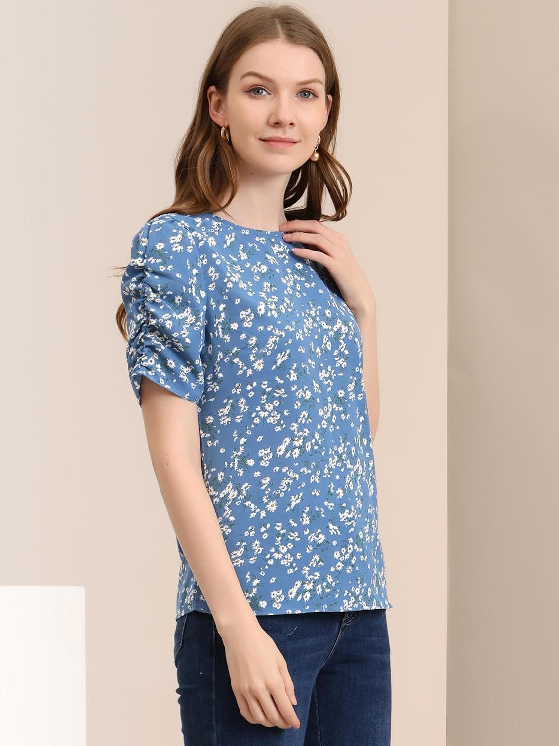 imageAllegra K Womens Floral Blouse Crew Neck Valentines Day Casual Shirred Short Sleeve TopBlue White