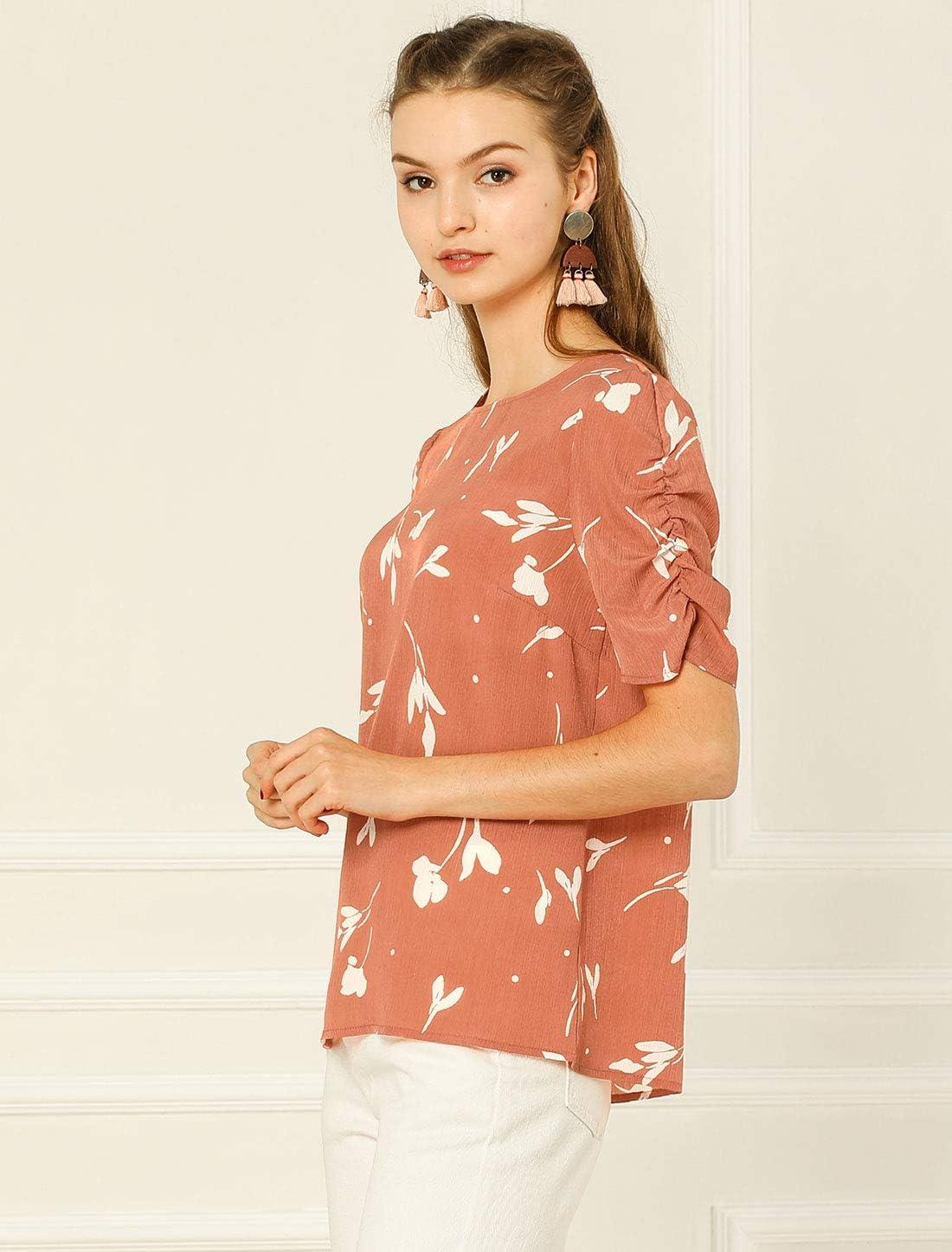 imageAllegra K Womens Floral Blouse Crew Neck Valentines Day Casual Shirred Short Sleeve TopCoral