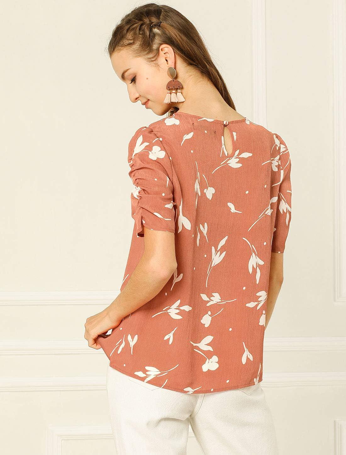 imageAllegra K Womens Floral Blouse Crew Neck Valentines Day Casual Shirred Short Sleeve TopCoral