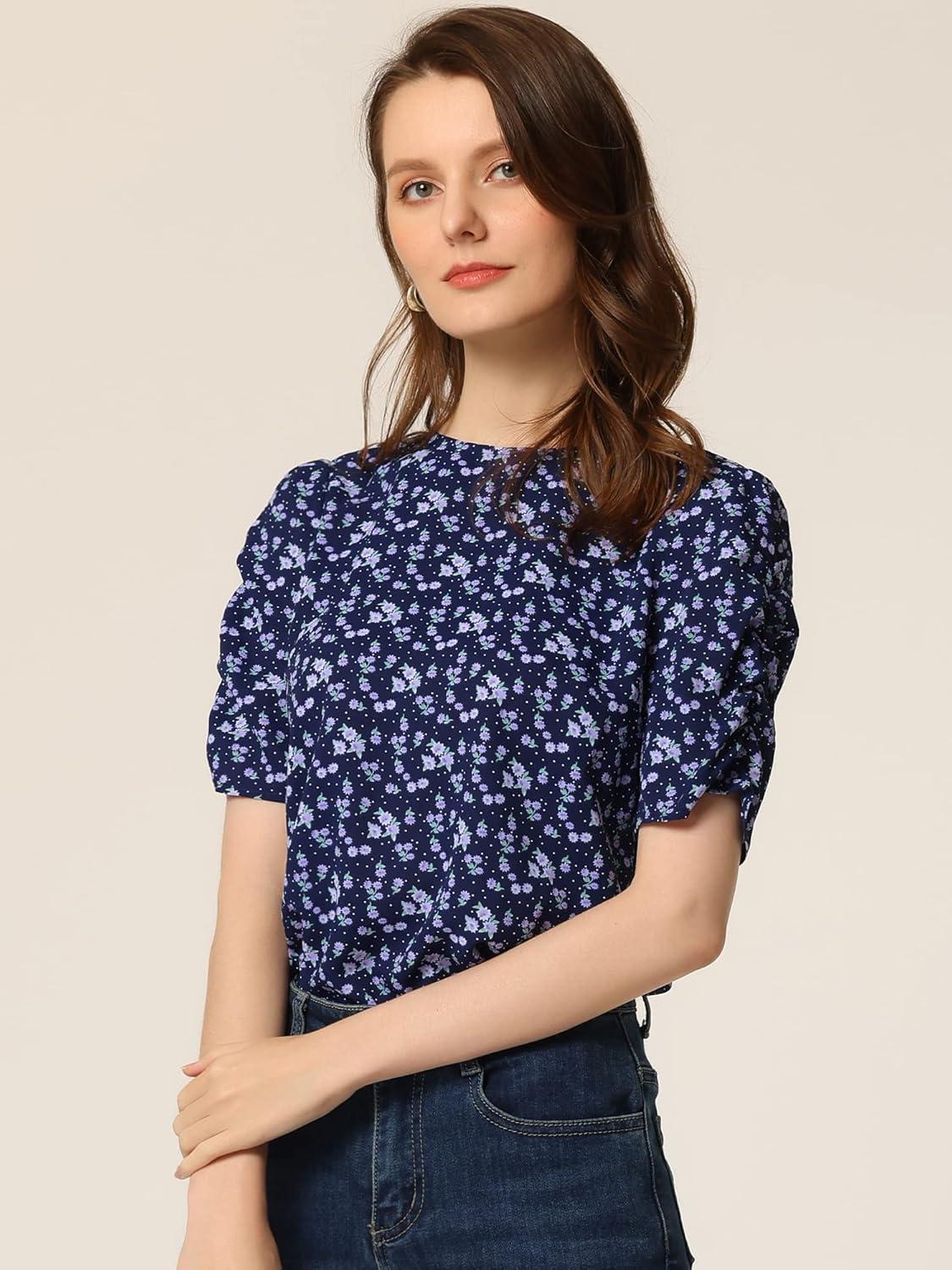imageAllegra K Womens Floral Blouse Crew Neck Valentines Day Casual Shirred Short Sleeve TopDark Blue