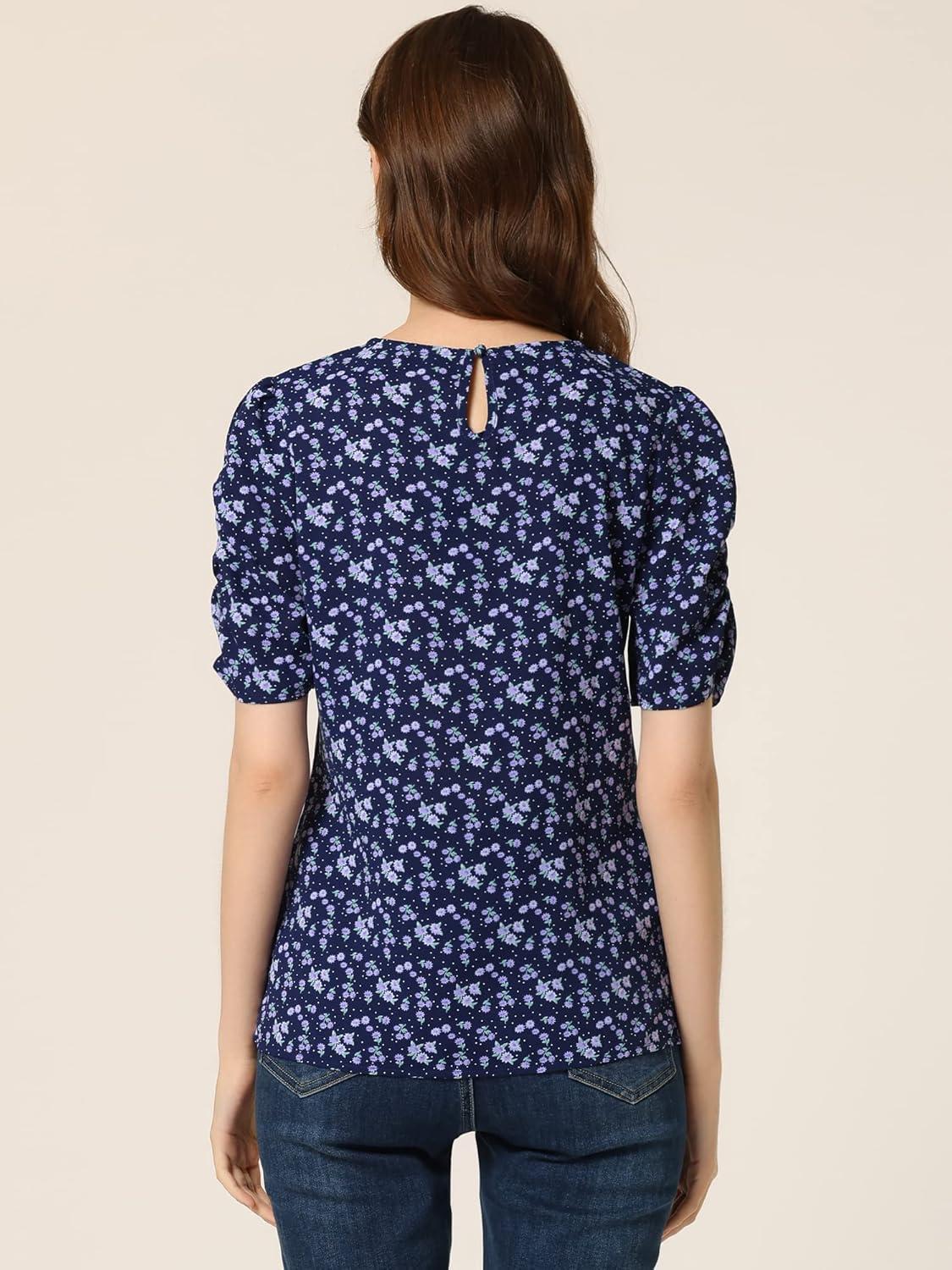 imageAllegra K Womens Floral Blouse Crew Neck Valentines Day Casual Shirred Short Sleeve TopDark Blue