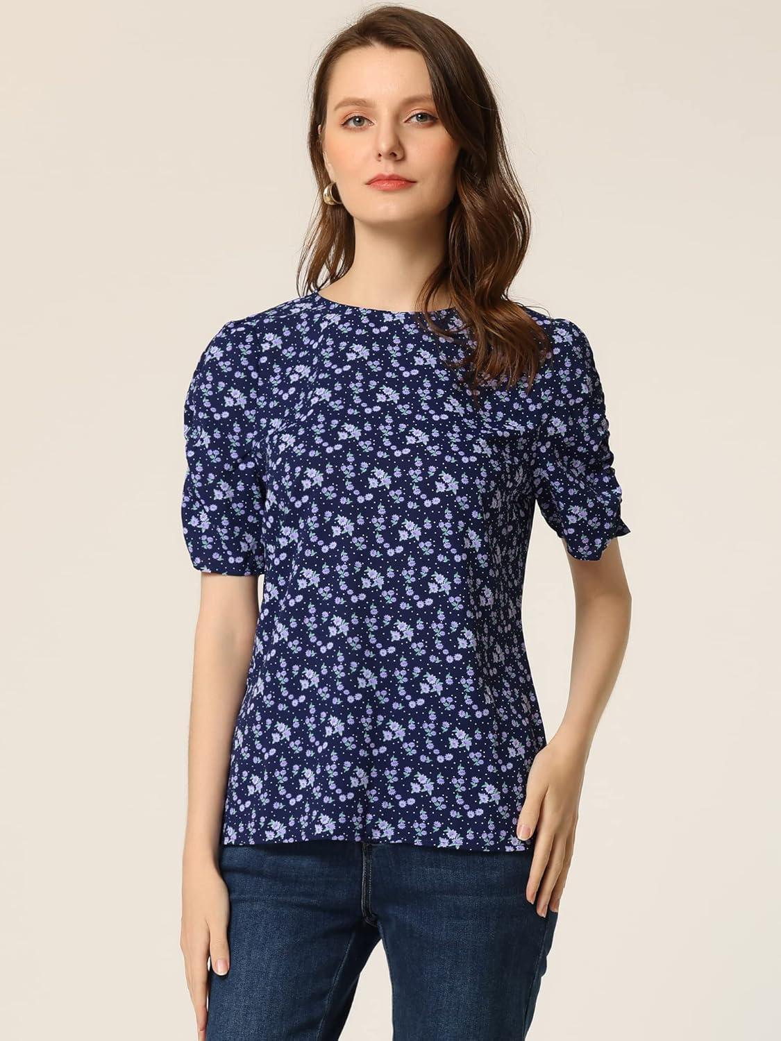 imageAllegra K Womens Floral Blouse Crew Neck Valentines Day Casual Shirred Short Sleeve TopDark Blue