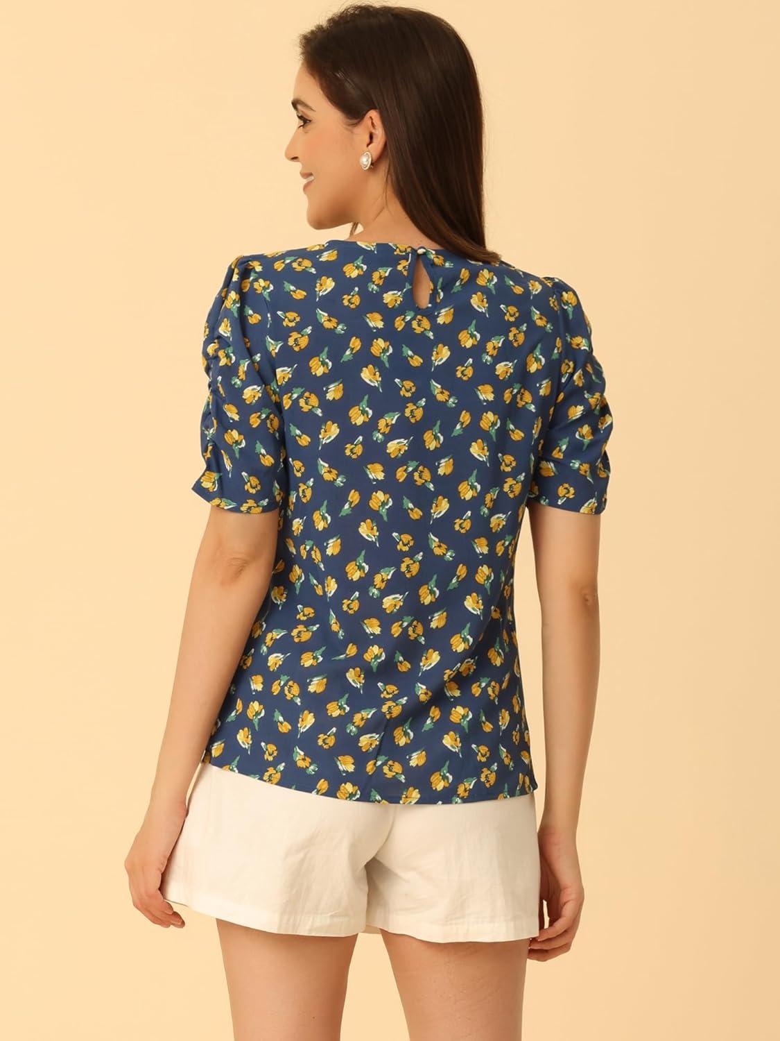 imageAllegra K Womens Floral Blouse Crew Neck Valentines Day Casual Shirred Short Sleeve TopDeep Blue