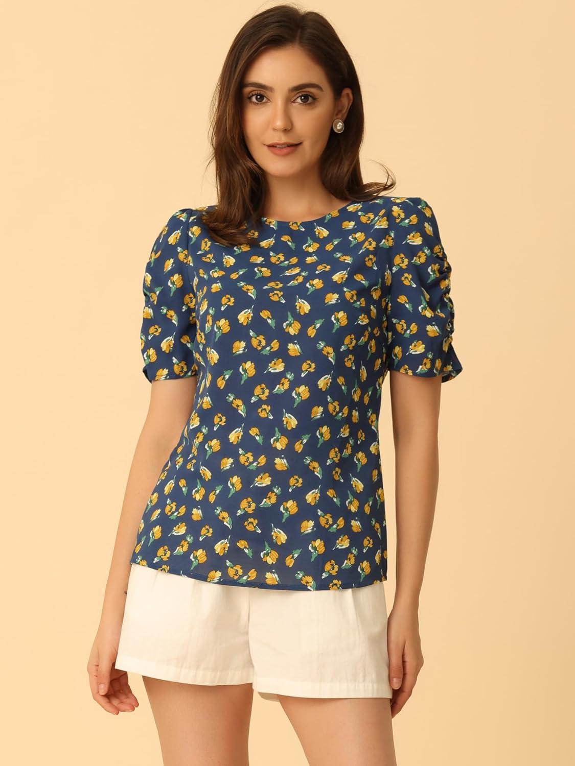 imageAllegra K Womens Floral Blouse Crew Neck Valentines Day Casual Shirred Short Sleeve TopDeep Blue
