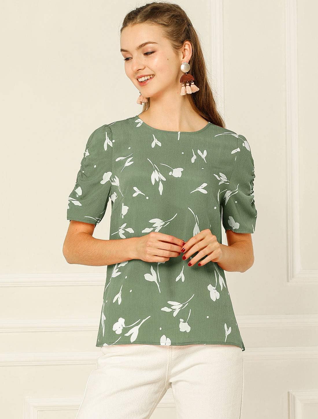 imageAllegra K Womens Floral Blouse Crew Neck Valentines Day Casual Shirred Short Sleeve TopGreen